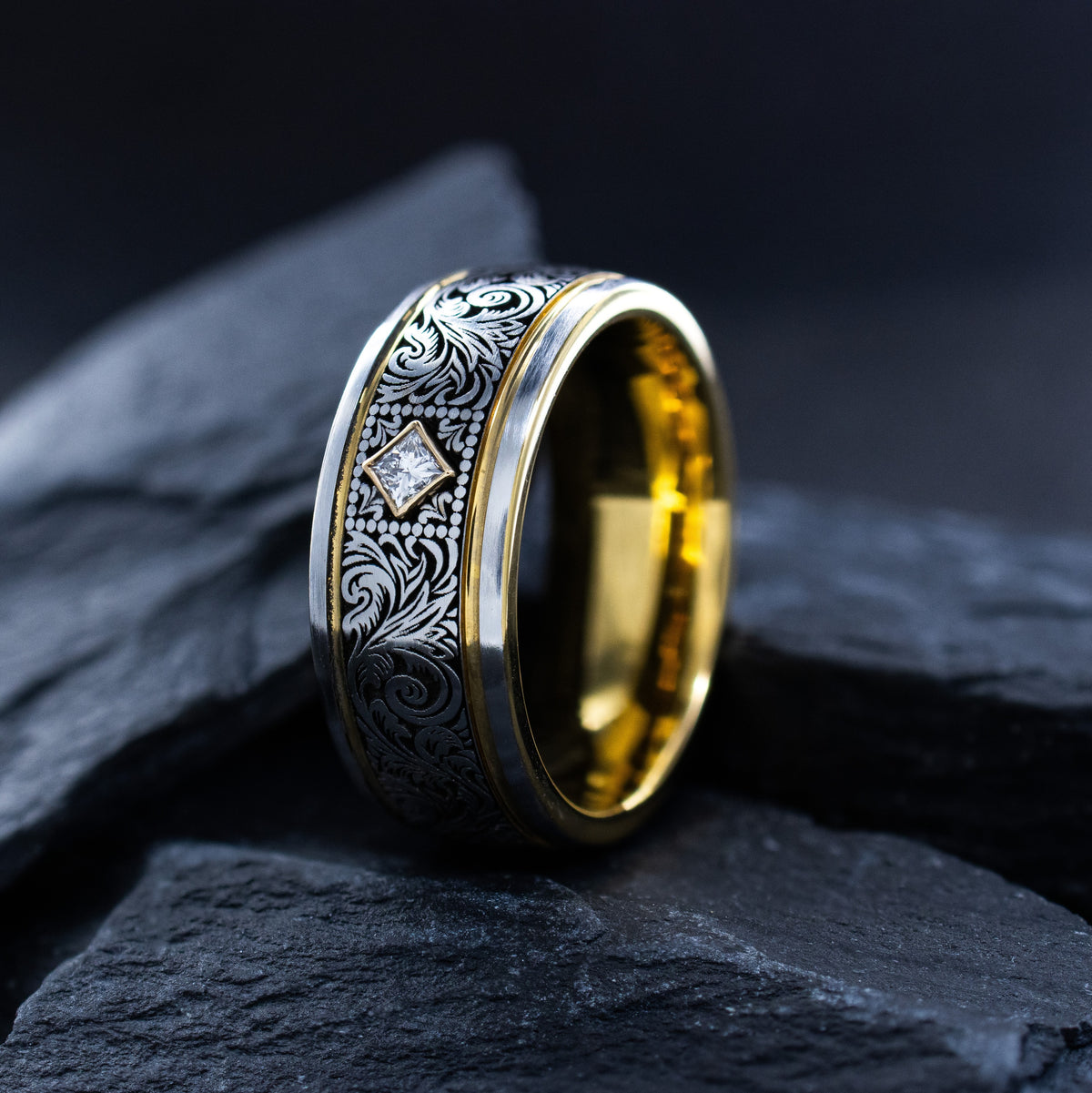 Victorian Floral Scrollwork Cobalt 8mm Band with Gemstone and Yellow Gold Plating