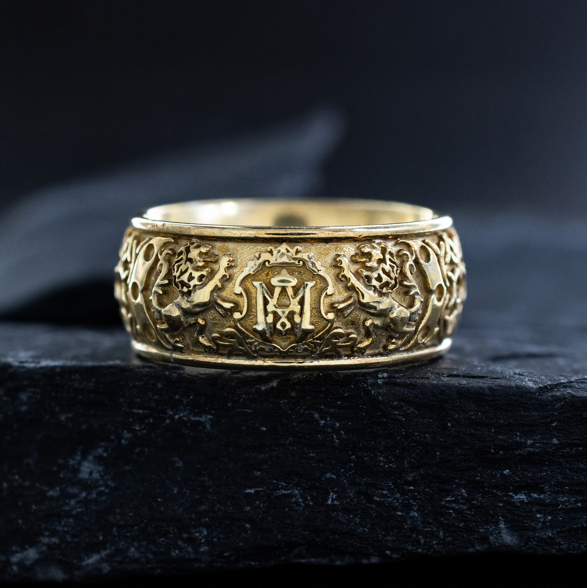 8mm Custom Made Dome Shaped Solid Gold Ring with Medieval Engravings, Monogram and 2 Lions