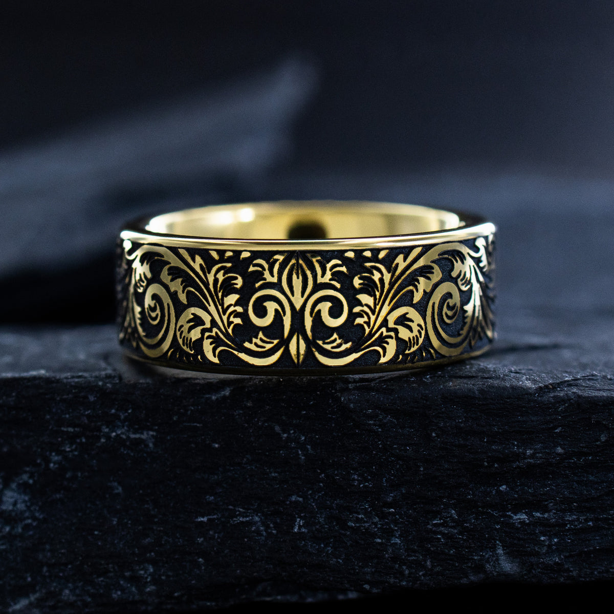 8mm Yellow Gold Plated Tungsten with Victorian Inspired Engravings and Round Cut Birthstone