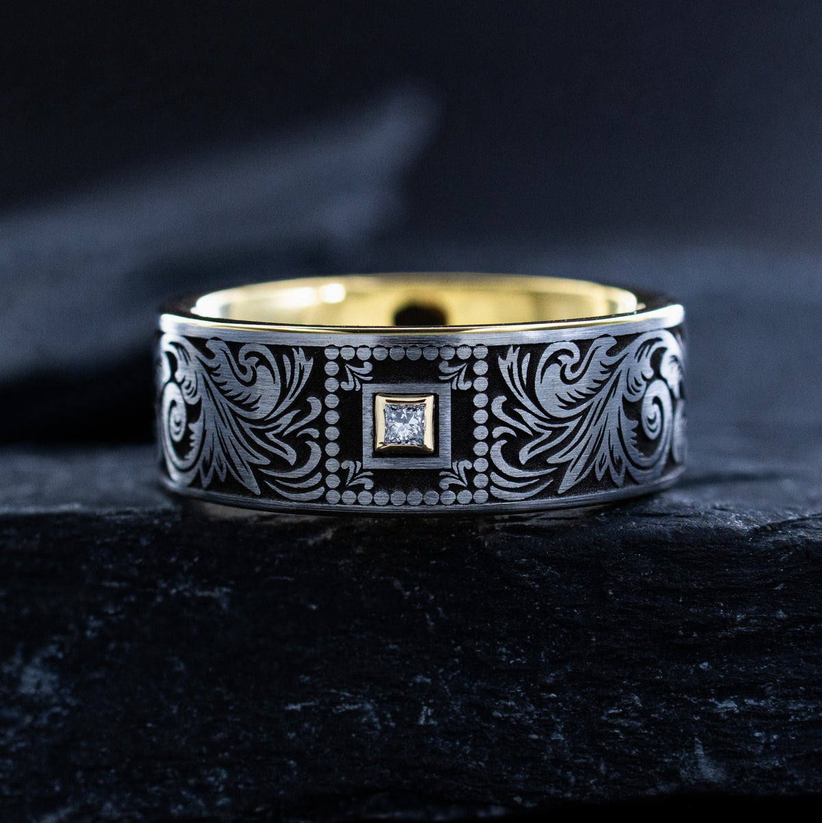 Victorian Floral 9mm Tungsten Carbide Ring with Gemstone