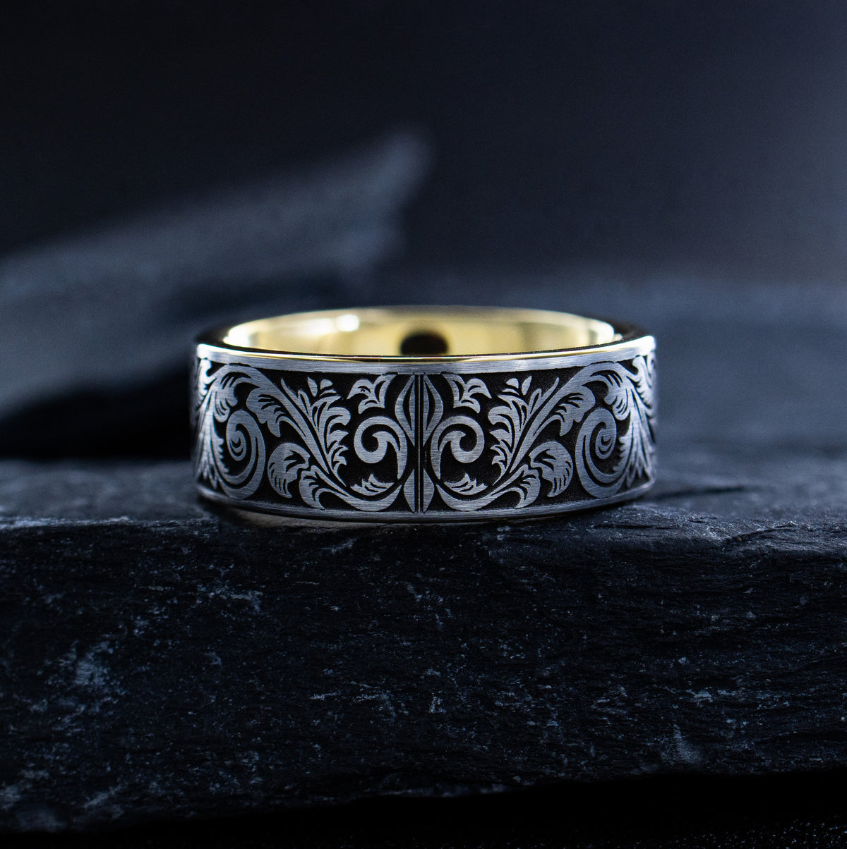 Victorian Floral 9mm Tungsten Carbide Ring with Gemstone