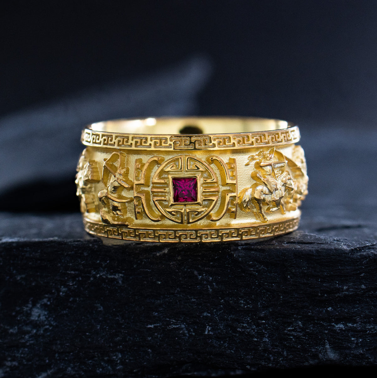 10mm Custom Made, Dome Shaped, 14k Solid Yellow Gold Ring with Mongol Warriors and Gemstone