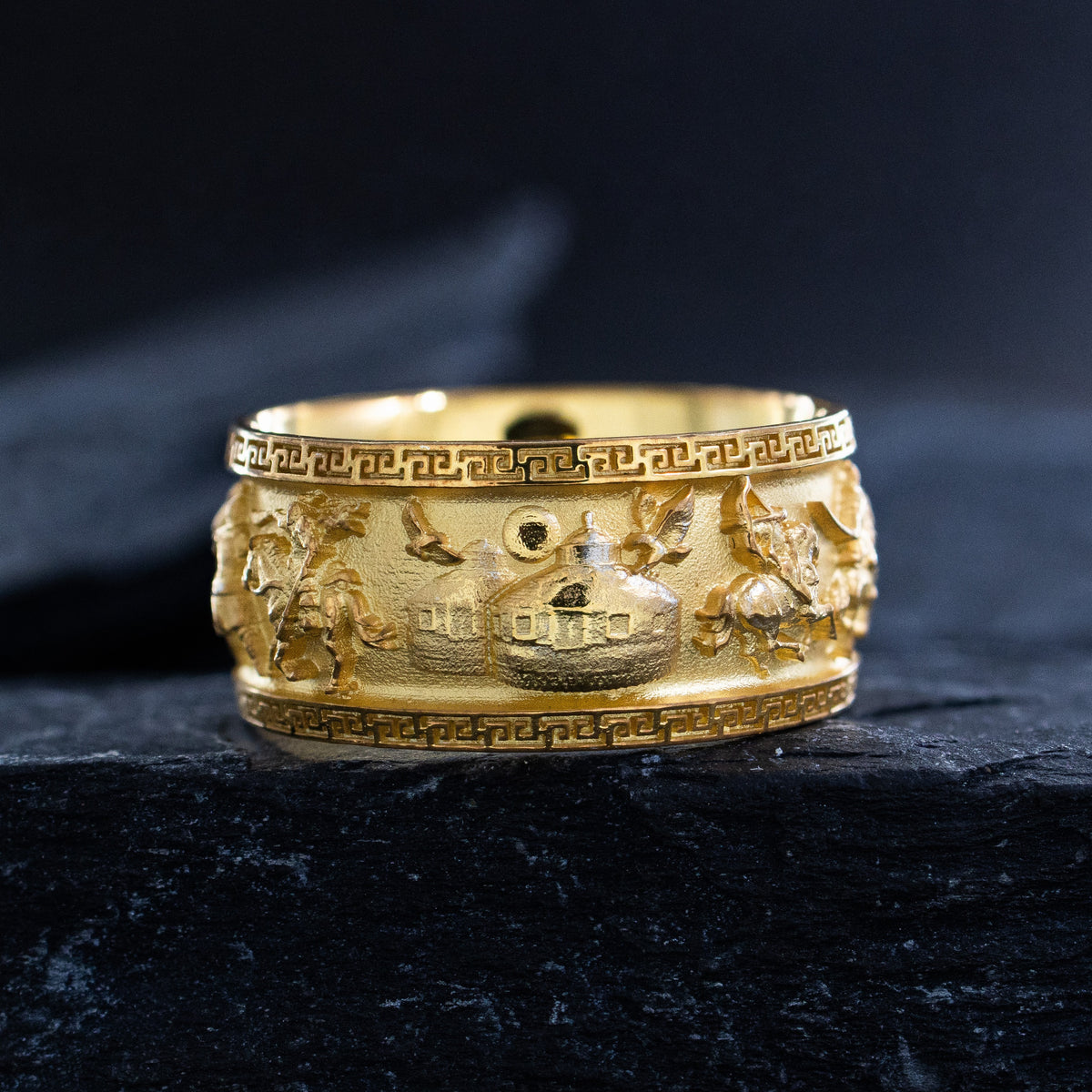 10mm Custom Made, Dome Shaped, 14k Solid Yellow Gold Ring with Mongol Warriors and Gemstone