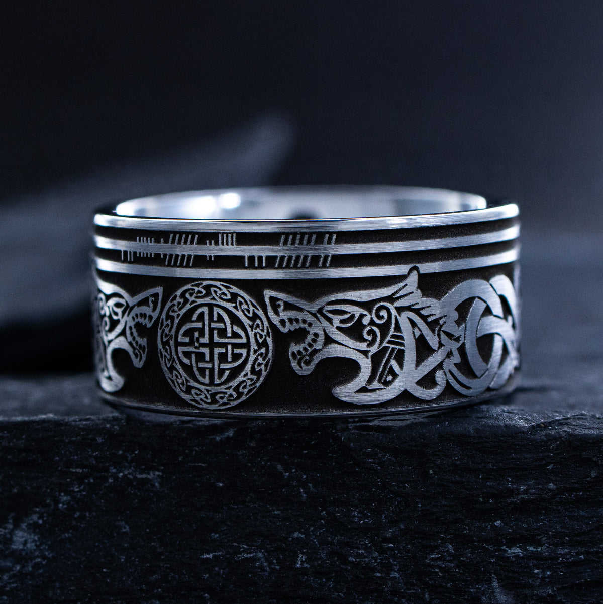 12mm Viking Norse Tungsten Band with Wolf Heads and Runes