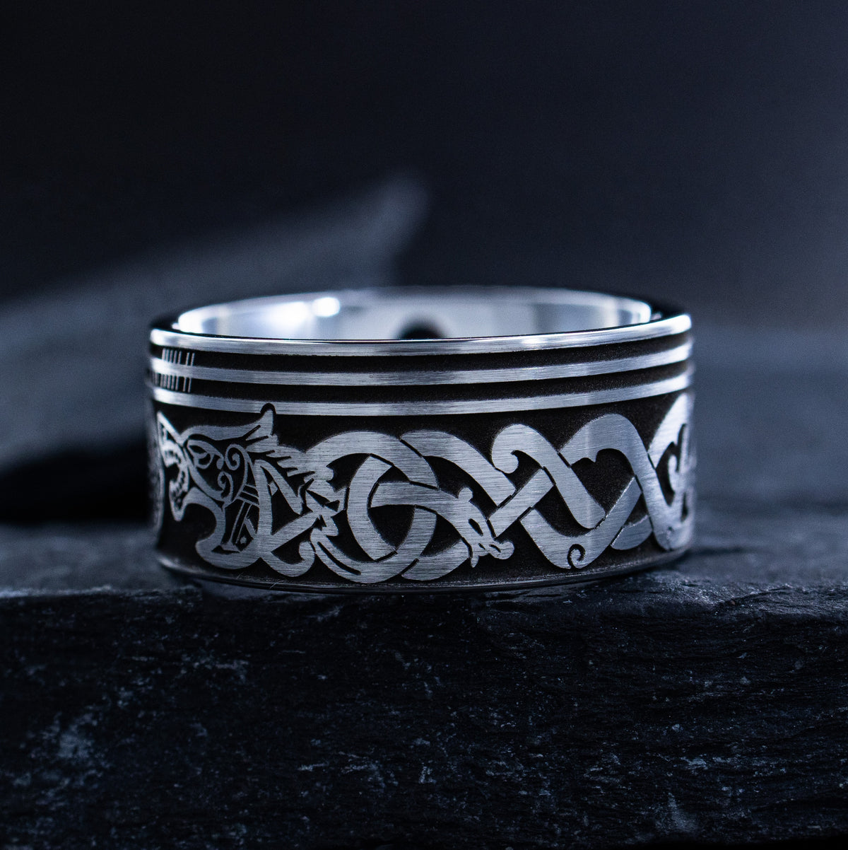 12mm Viking Norse Tungsten Band with Wolf Heads and Runes