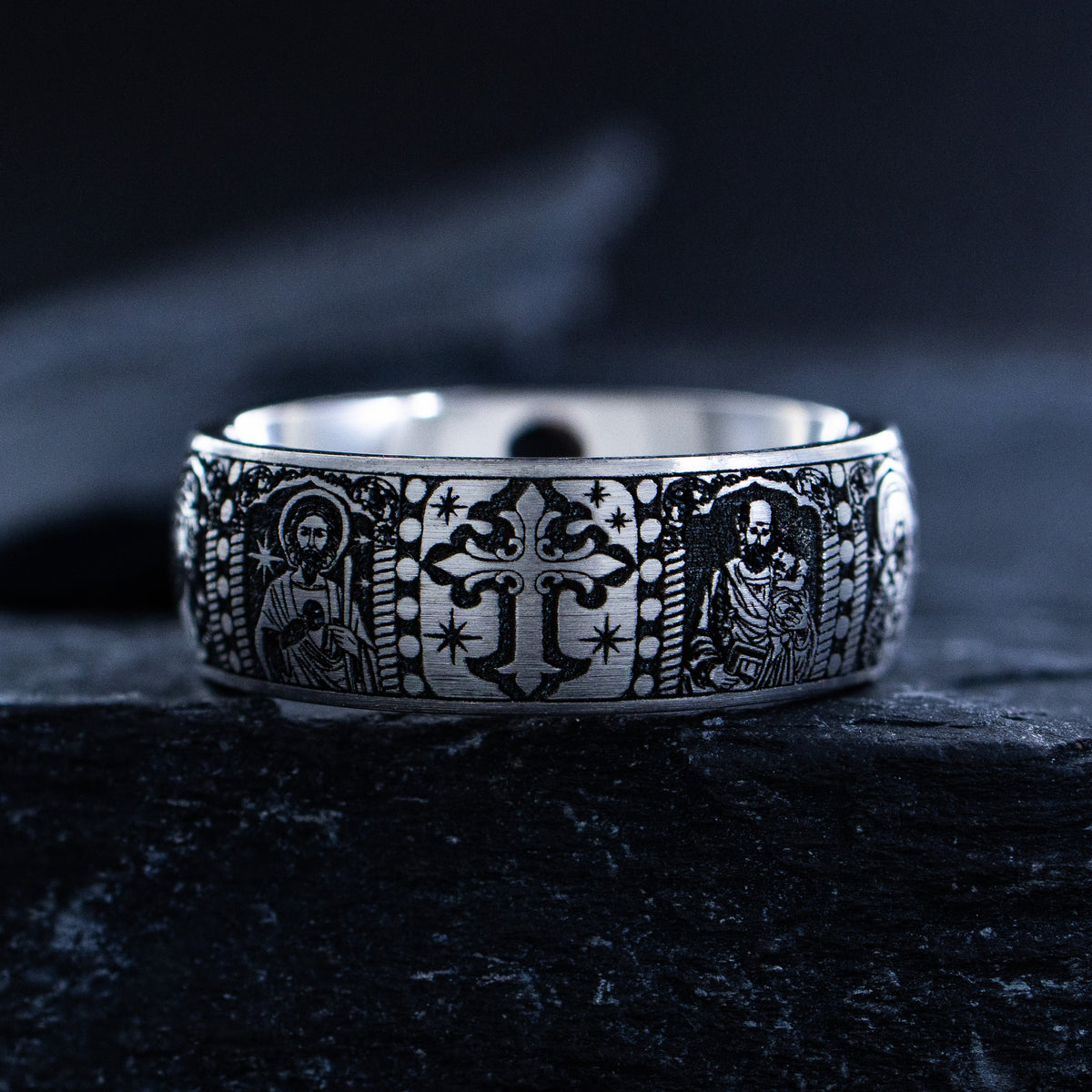8mm Deep Engraved Titanium Band with Cross and Christian Saints
