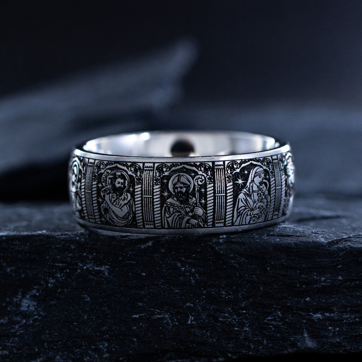 8mm Titanium Ring with Gemstone, Christian Cross, and Christian Saints