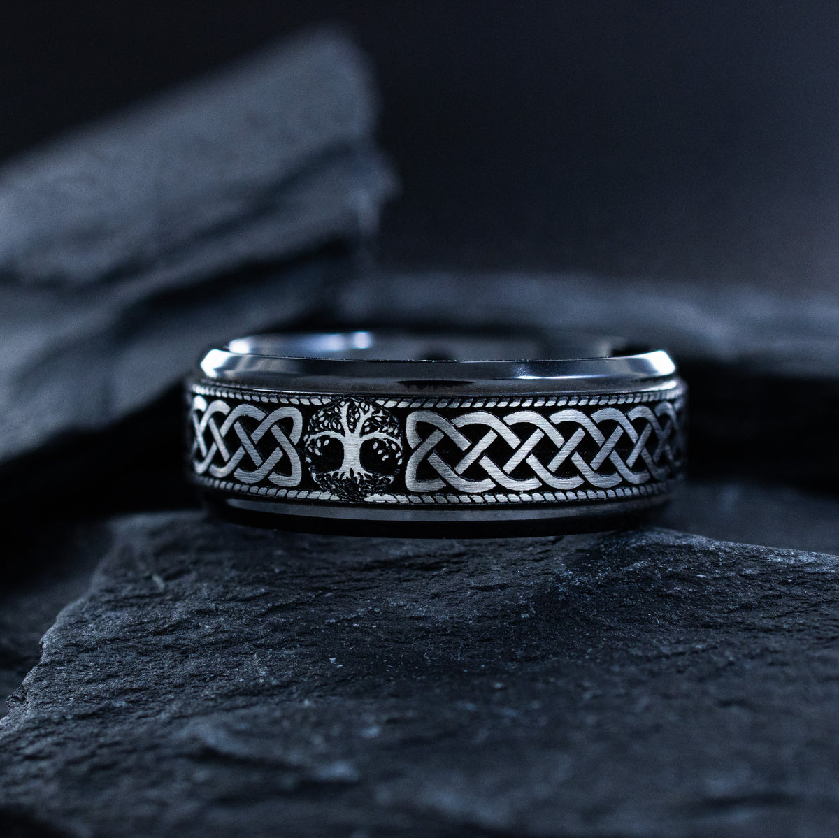 8mm Black Zirconium Band with Tree of Life and Celtic Knots