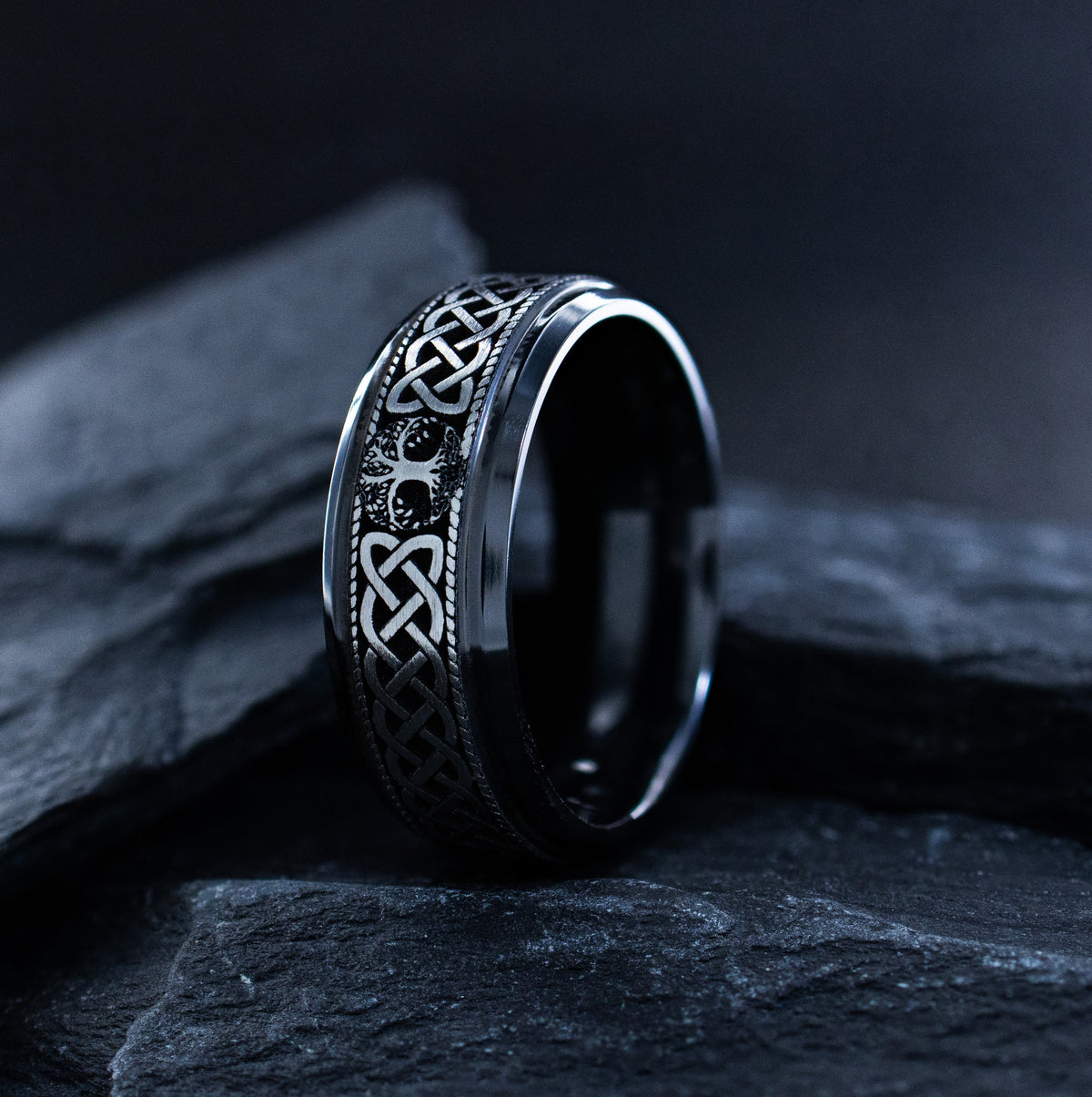 8mm Black Zirconium Band with Tree of Life and Celtic Knots
