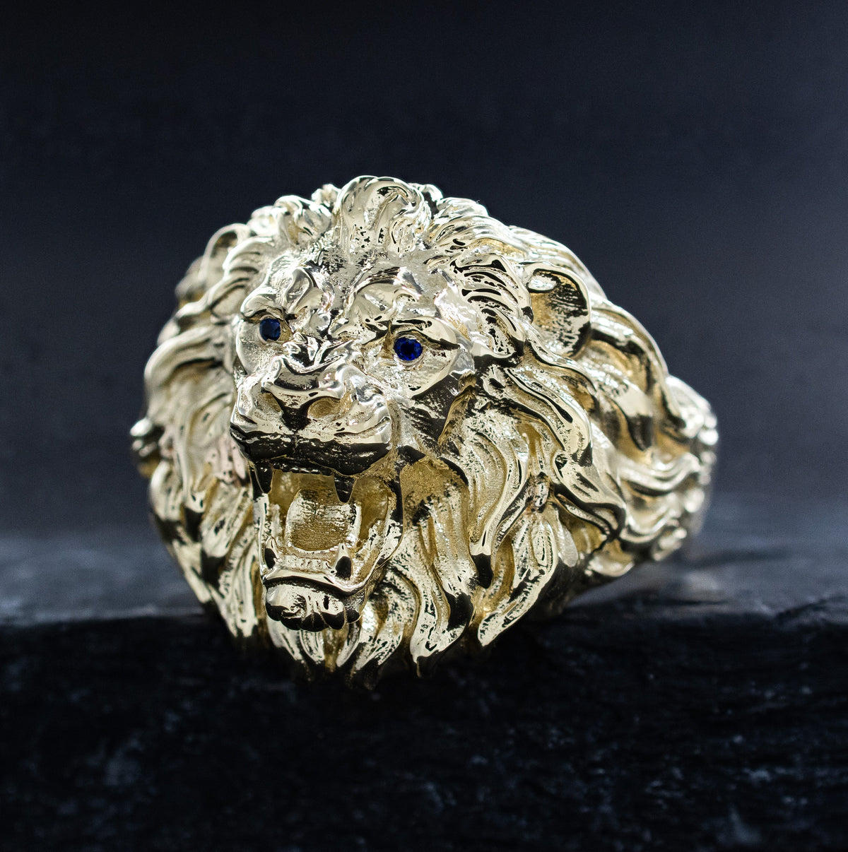 Solid Yellow Gold Fierce Lion Head Ring with Gemstones