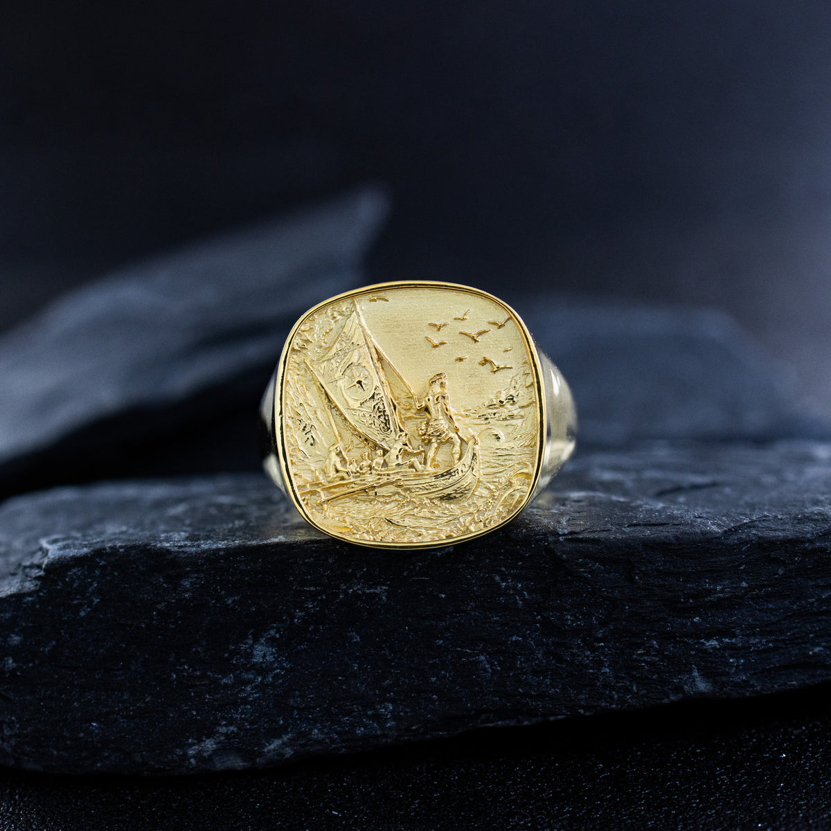 Solid 14k Yellow Gold Signet Ring with Pacific Islander Motifs