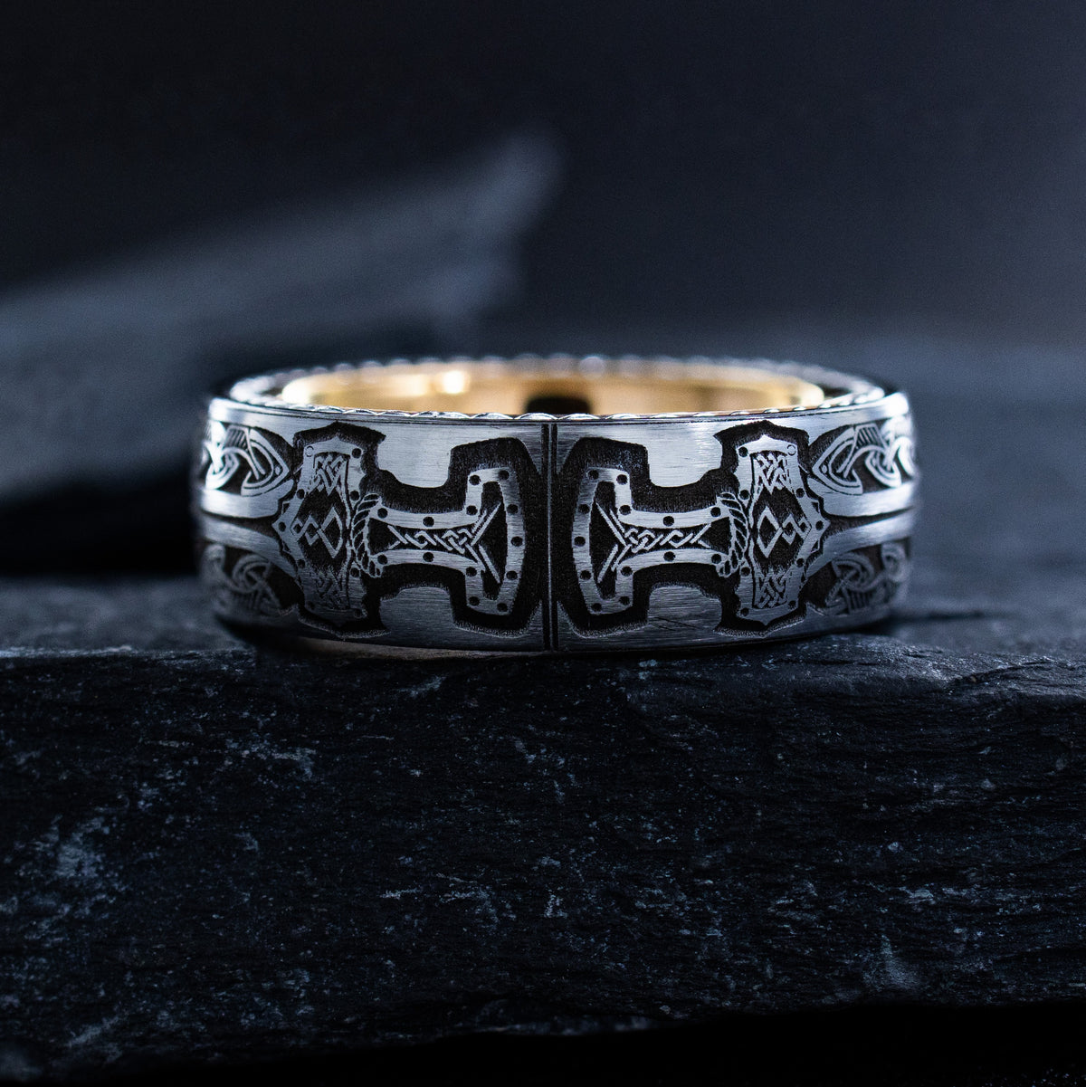 Rose Gold Plated 8mm Tungsten Ring with Braided Edges, Nordic Shield and Swords