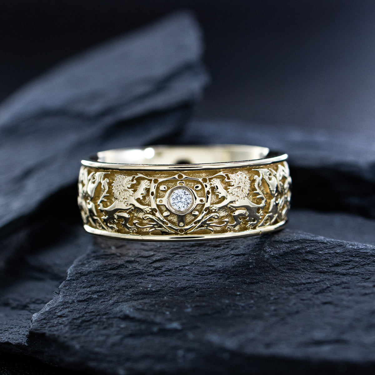 8mm Custom Made, Solid Yellow Gold Ring with Medieval Style Engravings, Shield, Lions and Round Cut Diamond