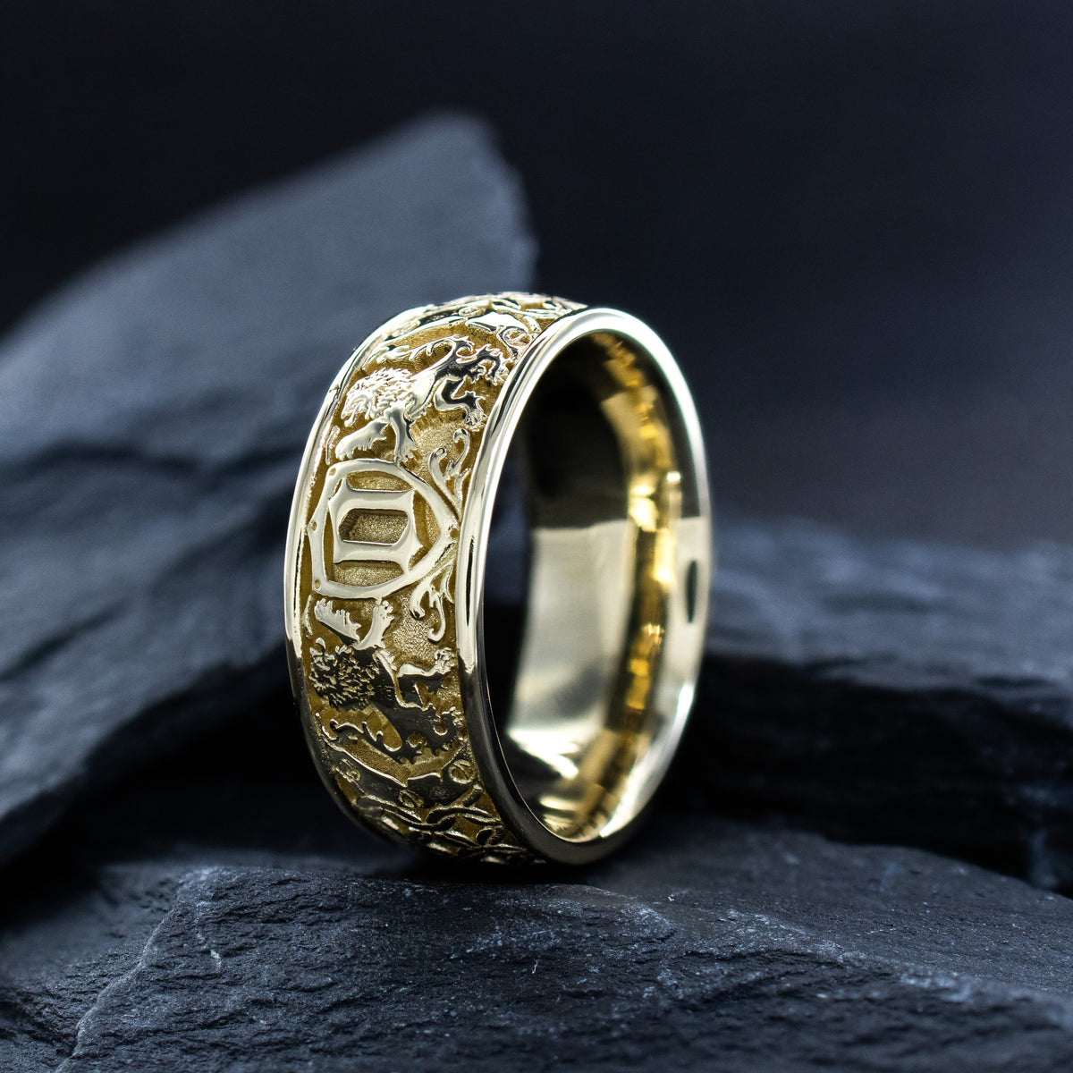 8mm Custom Made, Dome Shaped Solid Yellow Gold Ring with Medieval Style Engravings, Shield, Personalized Initial and 2 Lions
