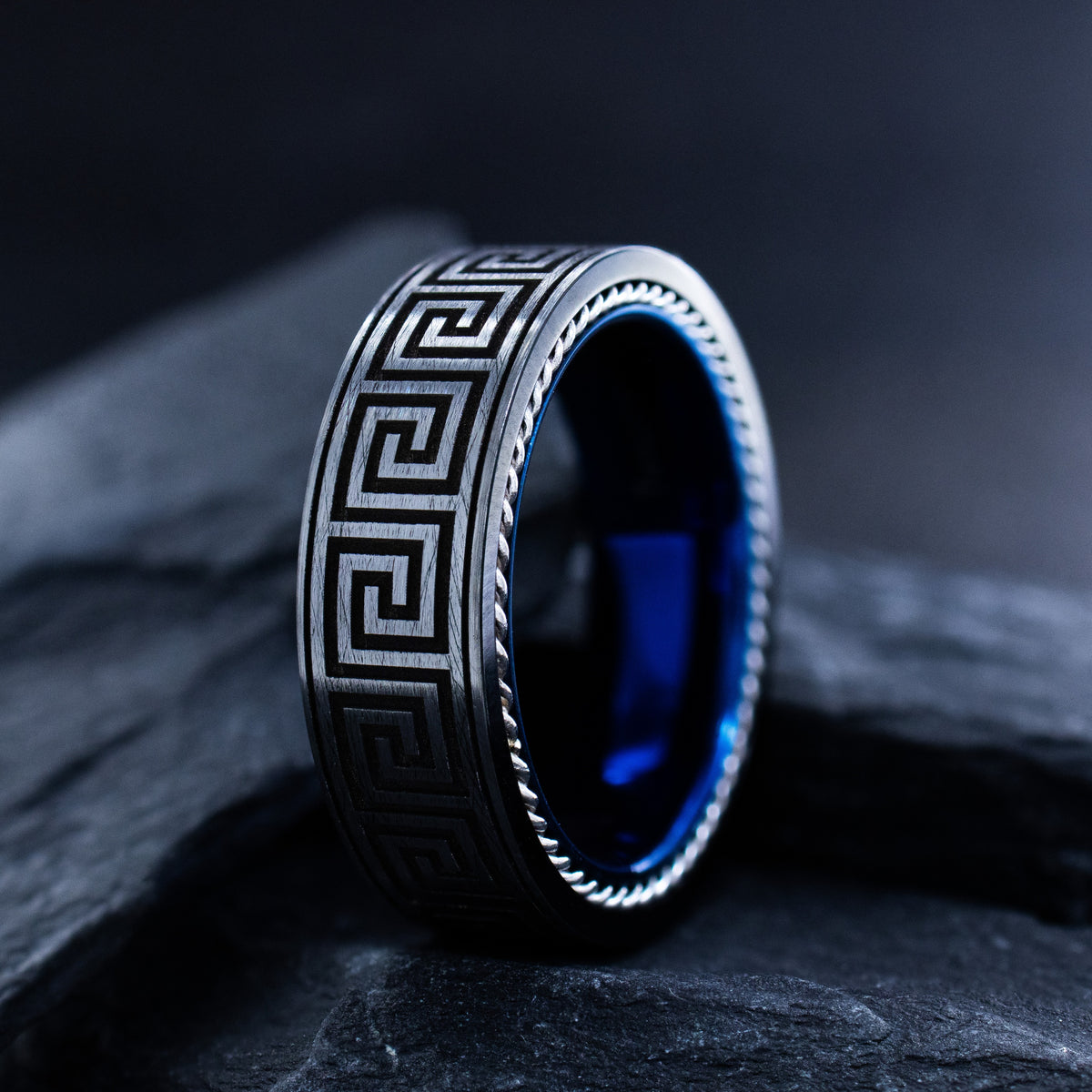 8mm Greek Key Blue Tungsten Carbide Ring with Braided Rope Edges