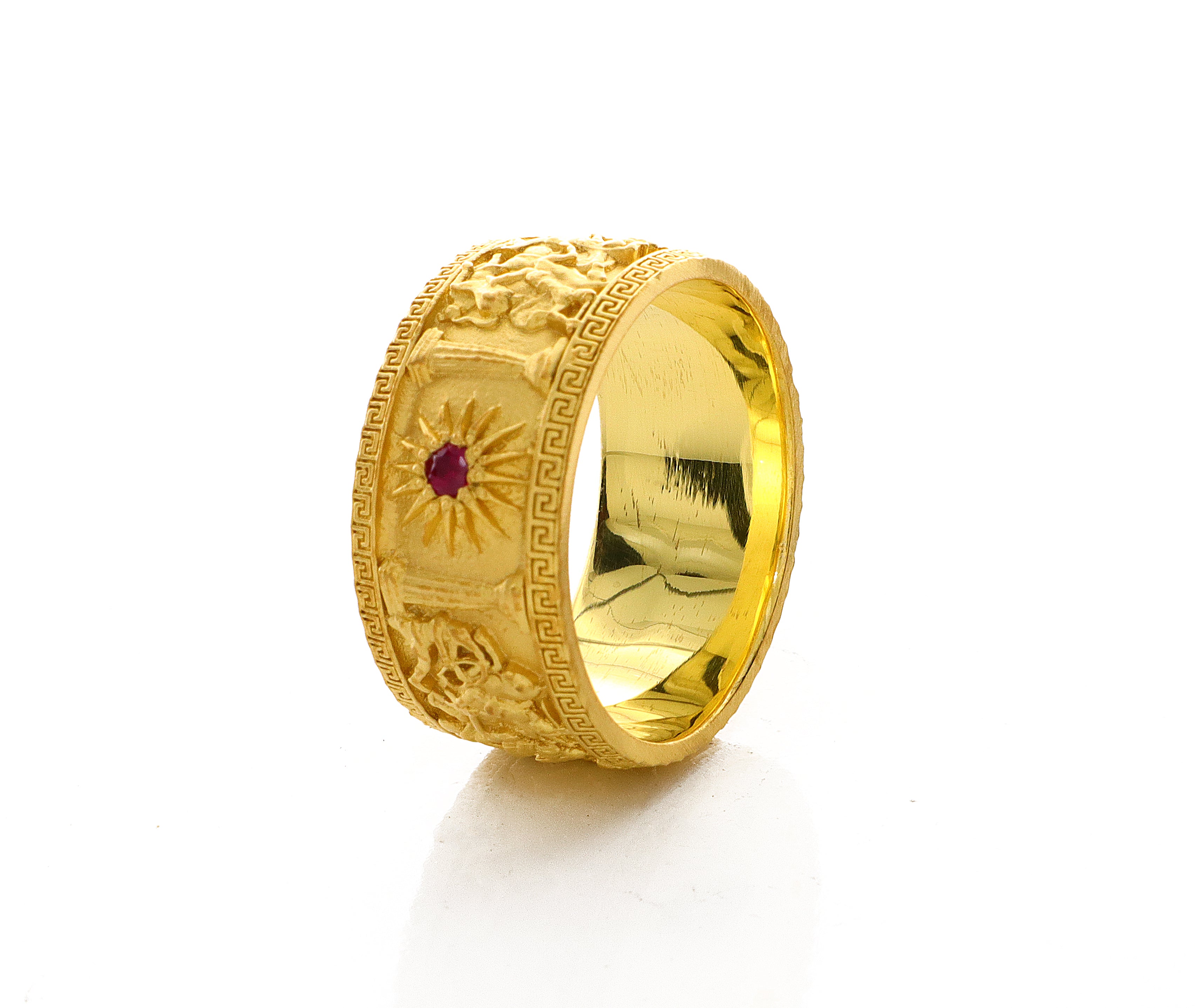 10mm Custom Made, Dome Shaped, 14k Solid Yellow Gold Ring with Alexander the Great Sarcophagus Relief with Green Emerald