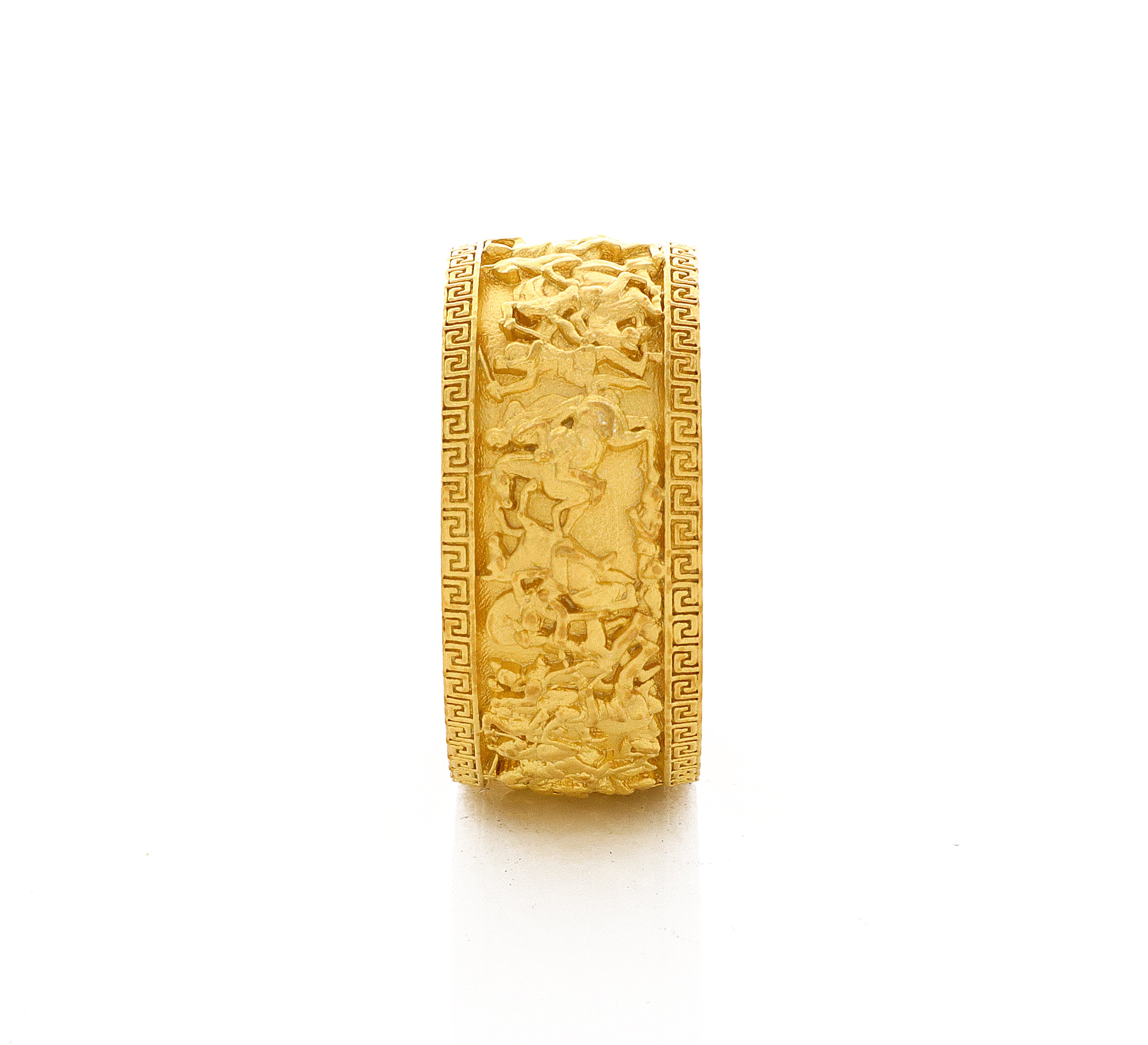 10mm Custom Made, Dome Shaped, 14k Solid Yellow Gold Ring with Alexander the Great Sarcophagus Relief with Green Emerald