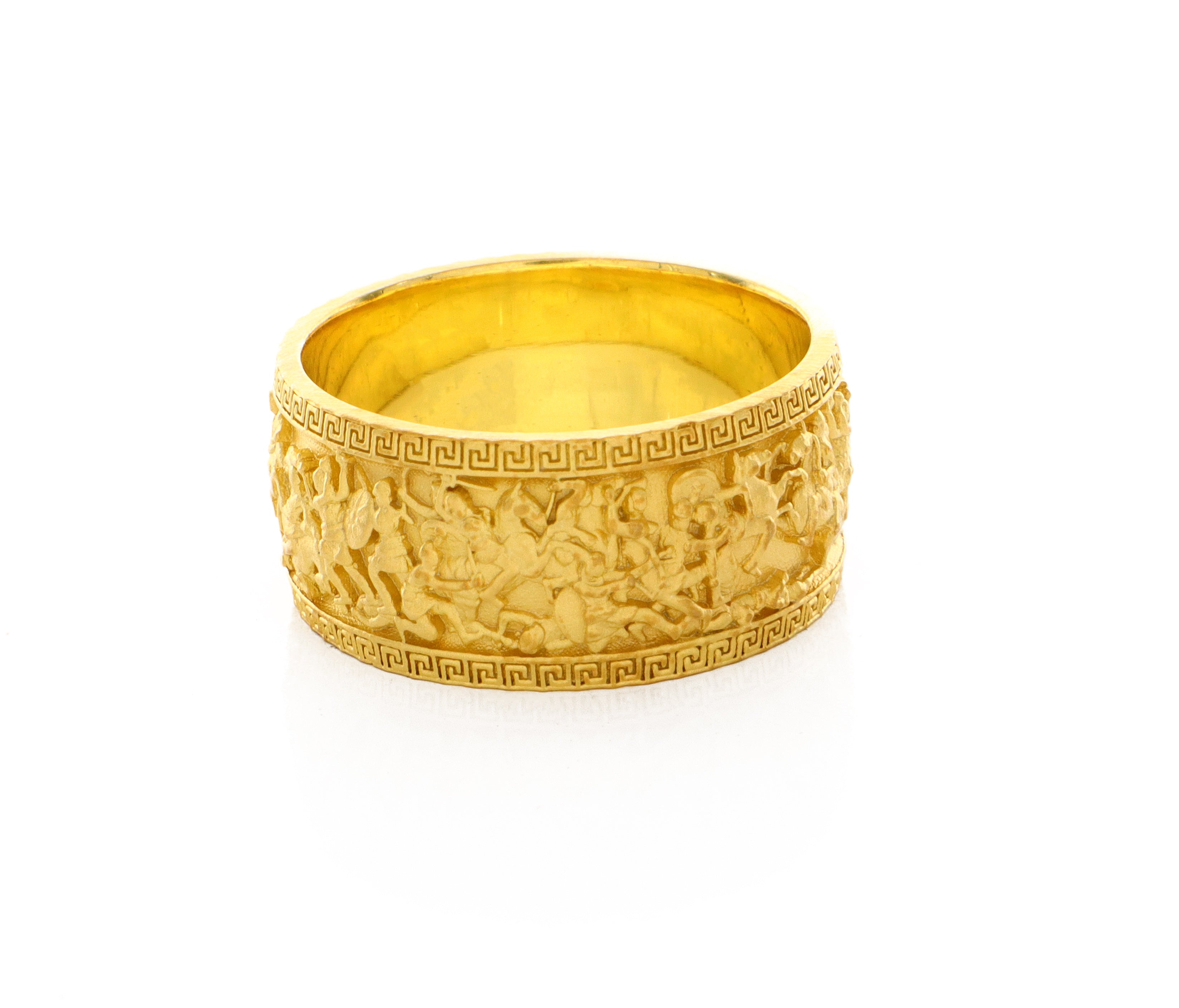 10mm Custom Made, Dome Shaped, 14k Solid Yellow Gold Ring with Alexander the Great Sarcophagus Relief with Green Emerald
