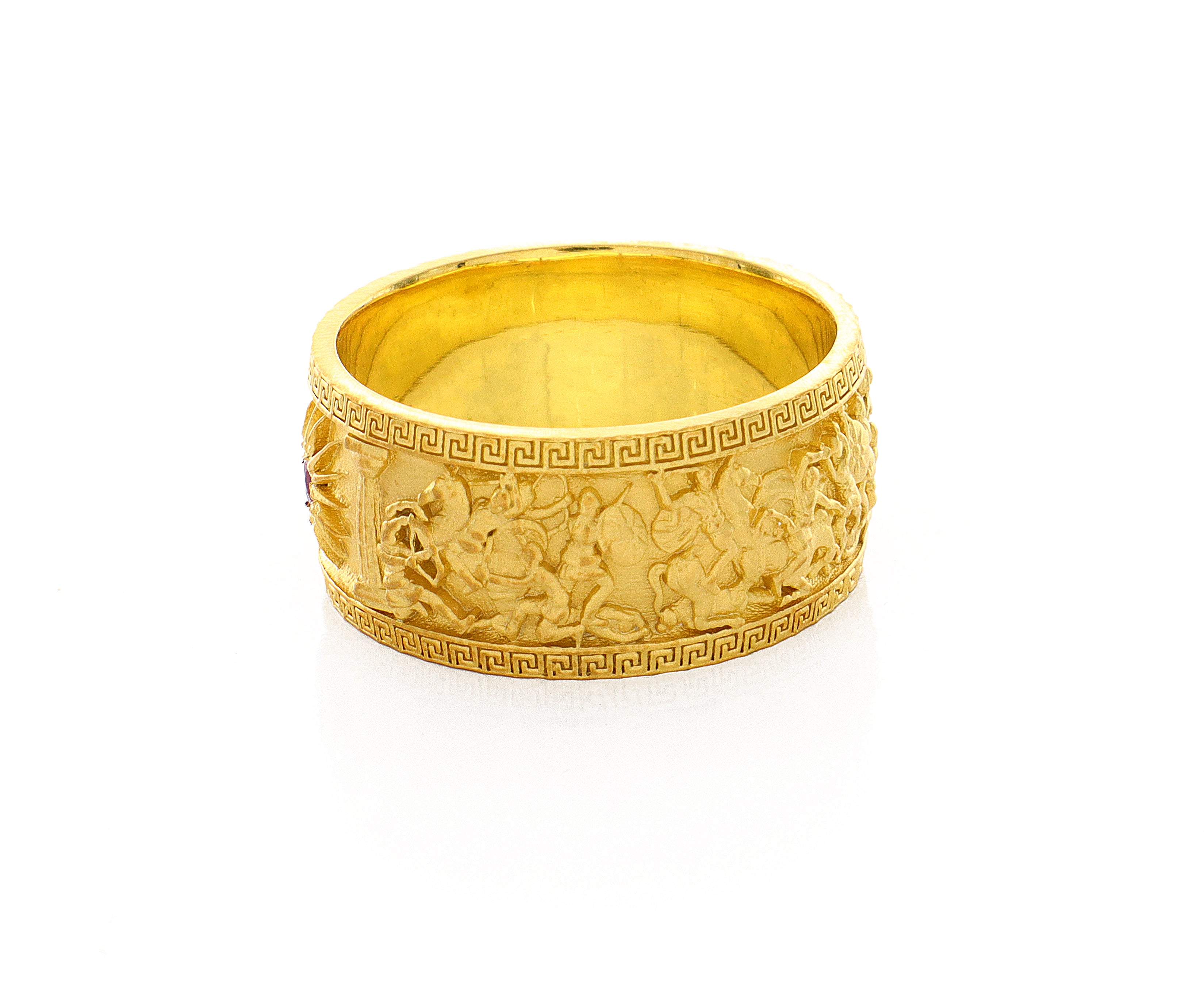 10mm Custom Made, Dome Shaped, 14k Solid Yellow Gold Ring with Alexander the Great Sarcophagus Relief with Green Emerald