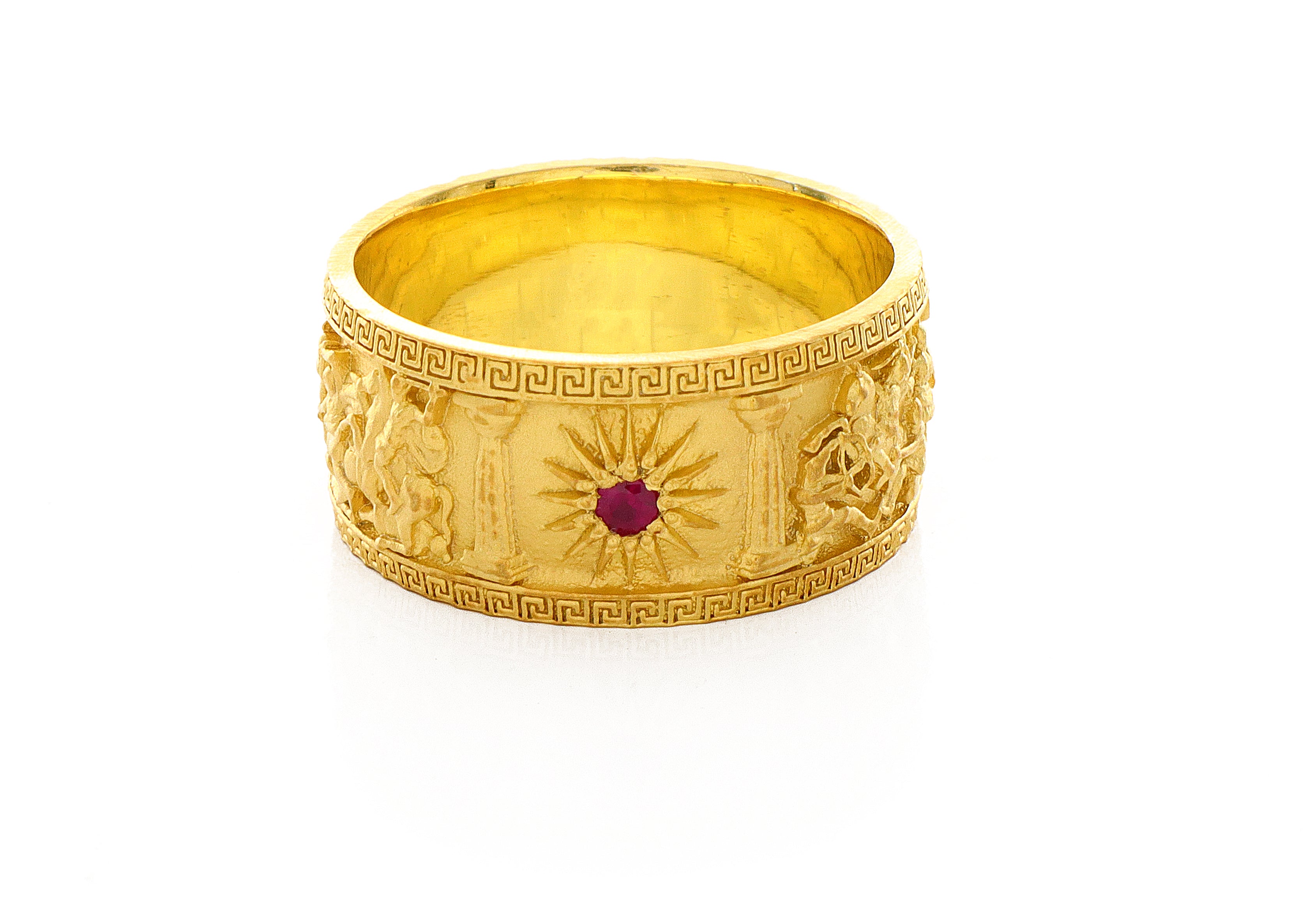 10mm Custom Made, Dome Shaped, 14k Solid Yellow Gold Ring with Alexander the Great Sarcophagus Relief with Green Emerald