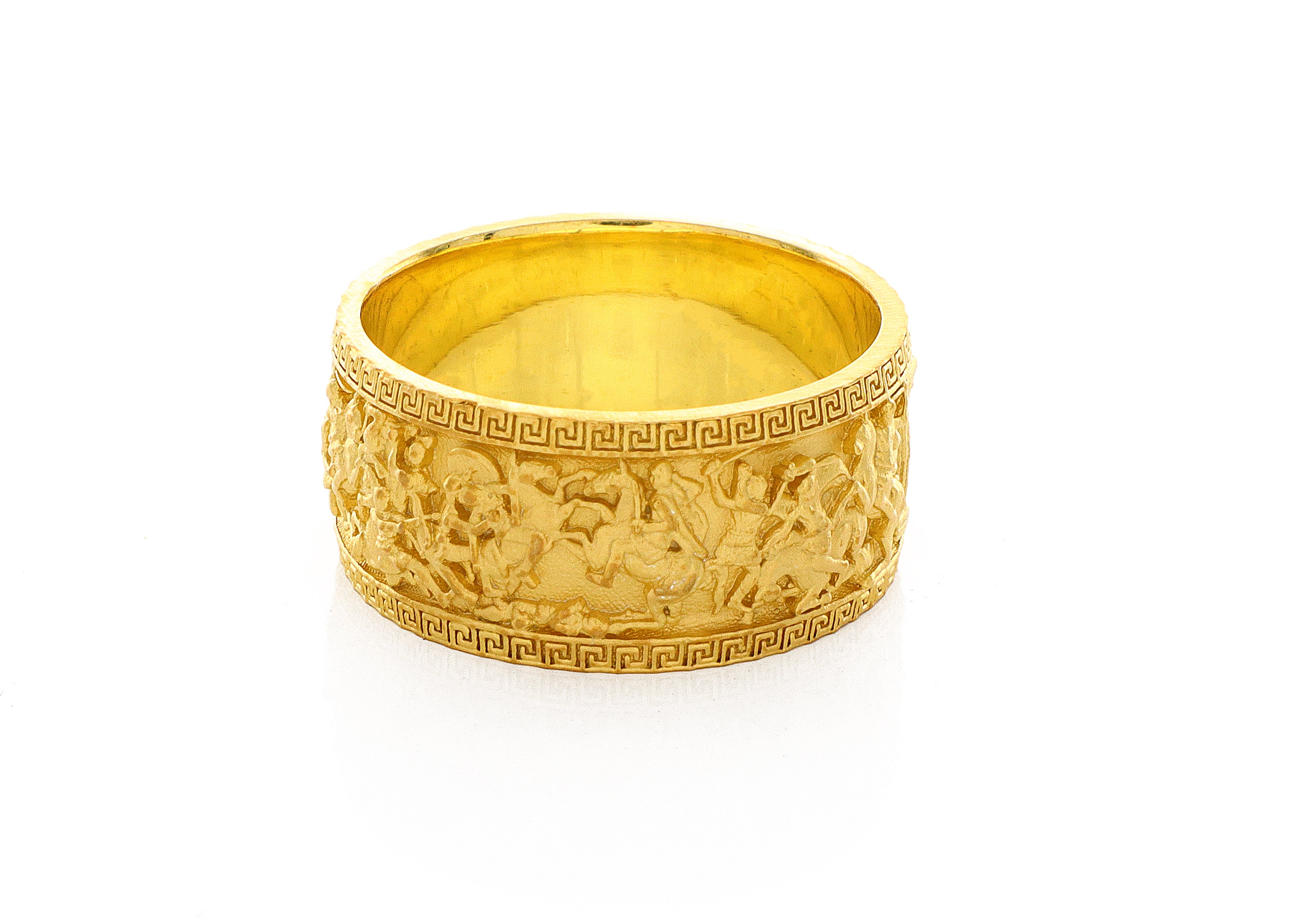 10mm Custom Made, Dome Shaped, 14k Solid Yellow Gold Ring with Alexander the Great Sarcophagus Relief with Green Emerald