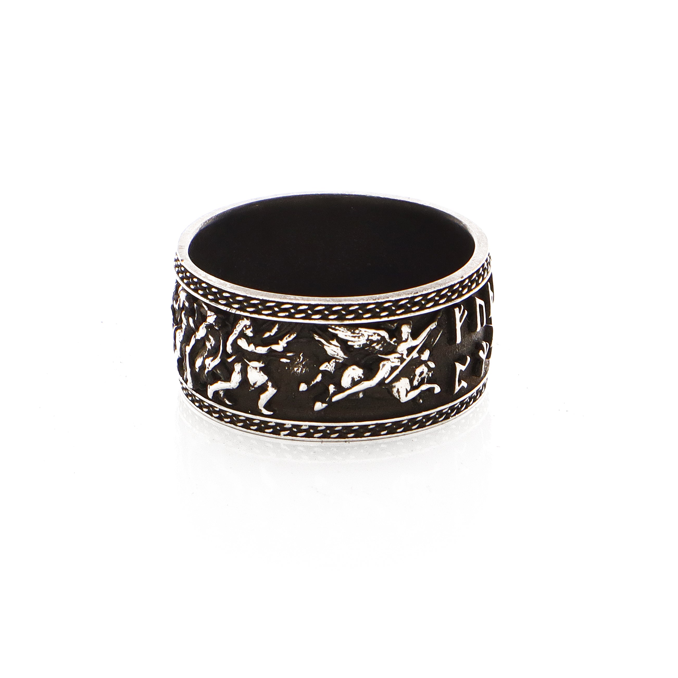 10mm Custom Made, Silver Ring with Norse Runes, Valkyrie Leading Viking Warriors
