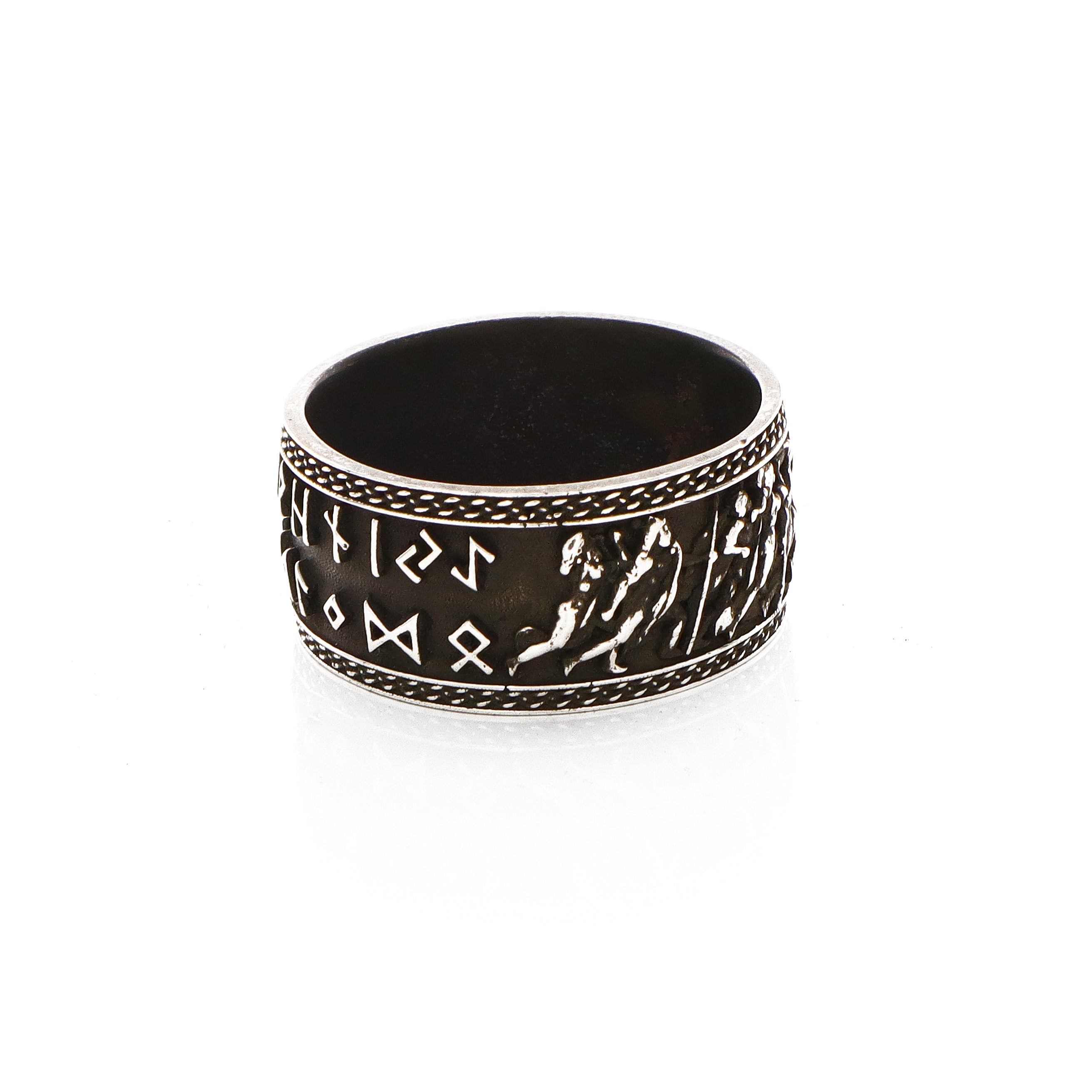 10mm Custom Made, Silver Ring with Norse Runes, Valkyrie Leading Viking Warriors