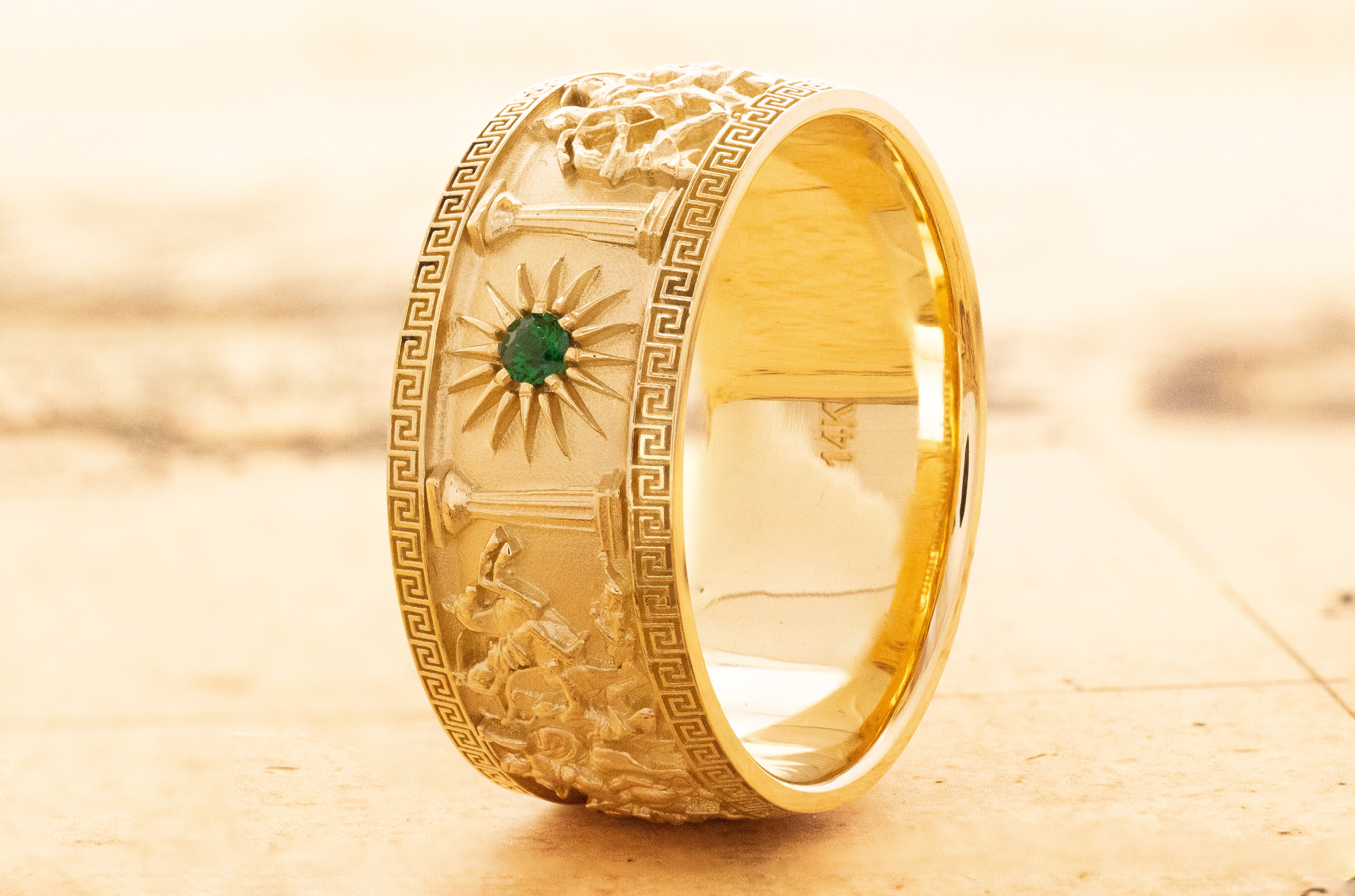 10mm Custom Made, Dome Shaped, 14k Solid Yellow Gold Ring with Alexander the Great Sarcophagus Relief with Green Emerald