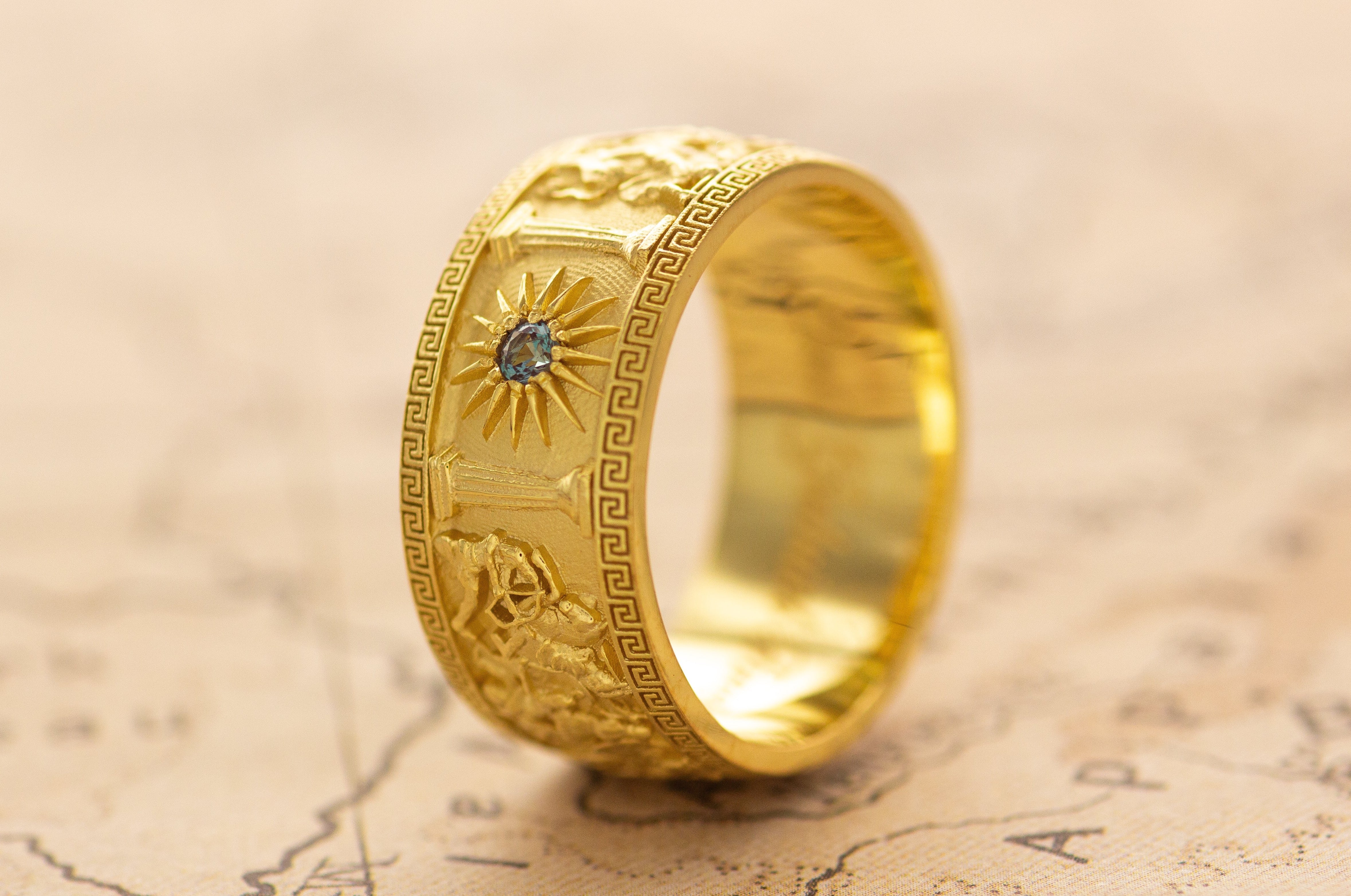 10mm Custom Made, Dome Shaped, 14k Solid Yellow Gold Ring with Alexander the Great Sarcophagus Relief with Green Emerald