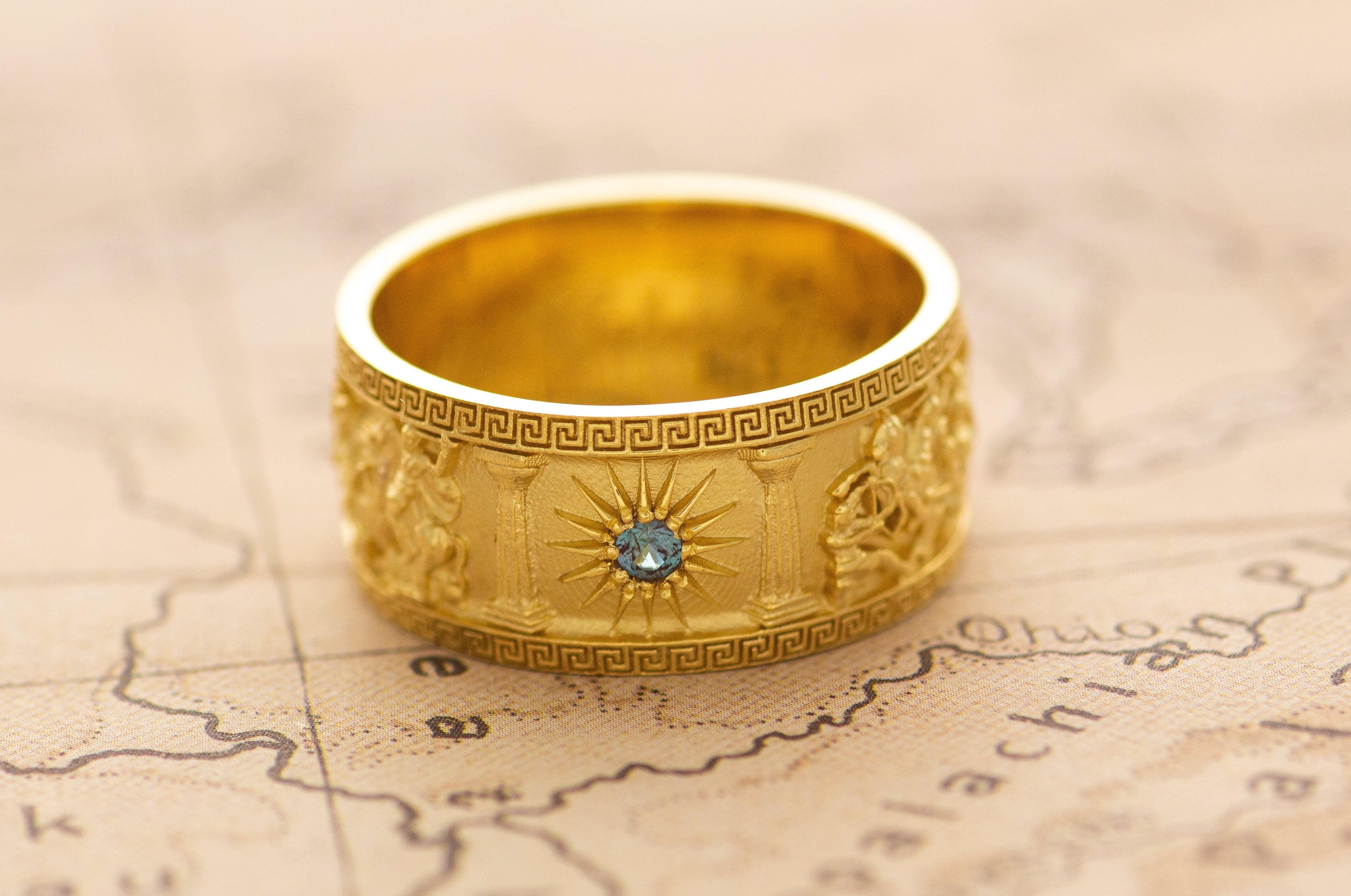10mm Custom Made, Dome Shaped, 14k Solid Yellow Gold Ring with Alexander the Great Sarcophagus Relief with Green Emerald