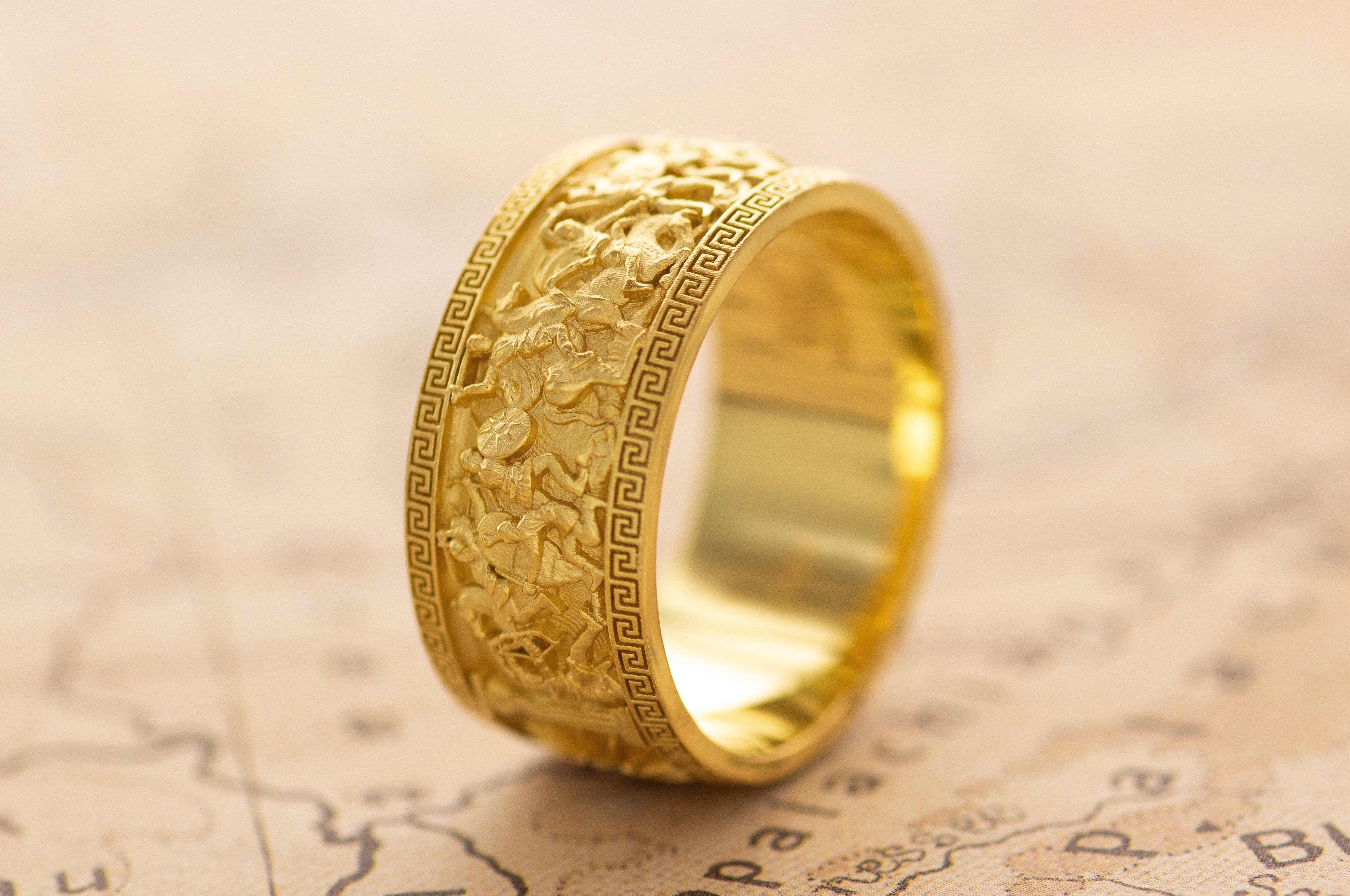 10mm Custom Made, Dome Shaped, 14k Solid Yellow Gold Ring with Alexander the Great Sarcophagus Relief with Green Emerald