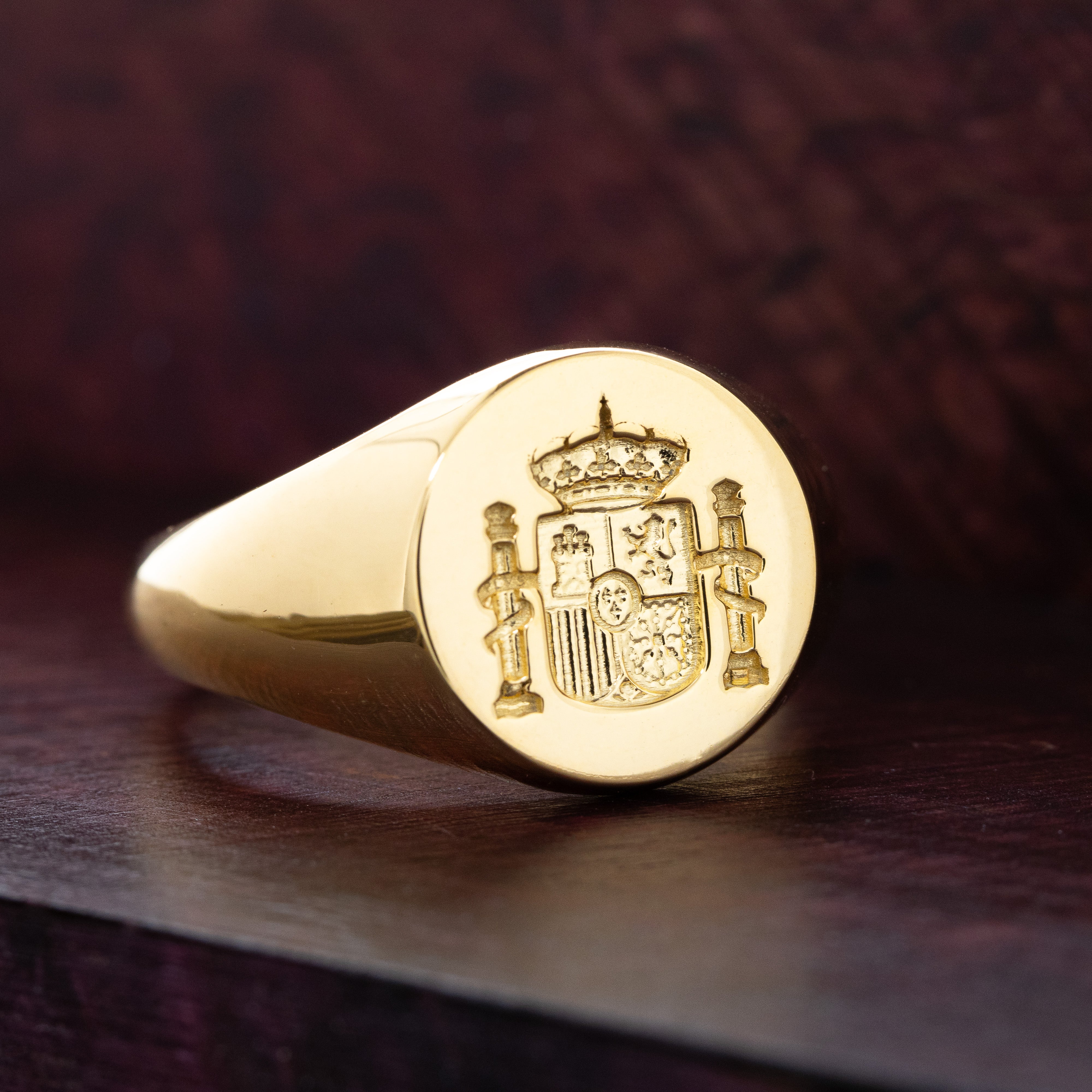Spanish Royal Coat of Arms Wax Seal Signet Ring, 14k Solid Yellow Gold Ring