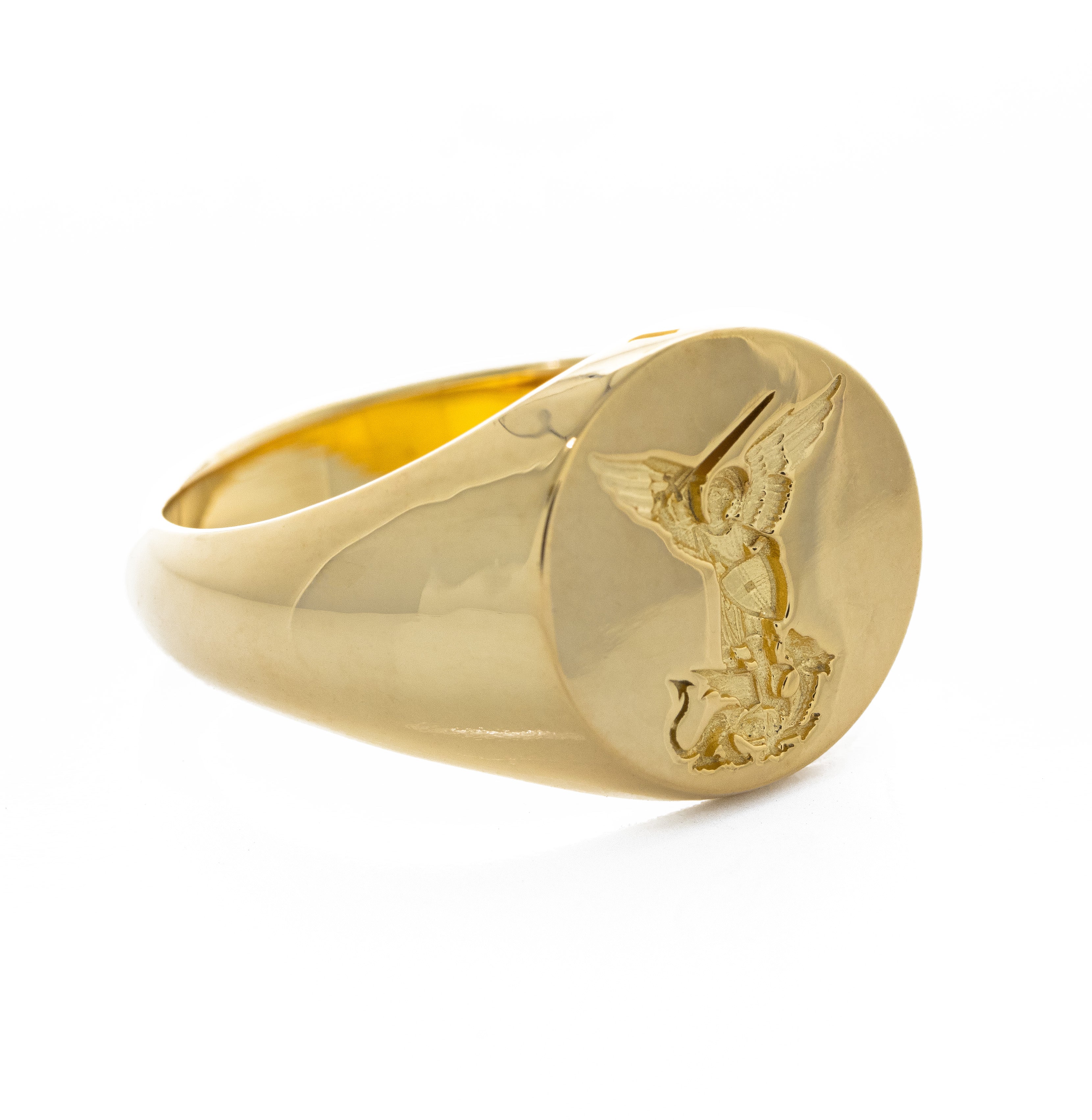 Saint Michael Slaying Dragon Wax Seal Signet Ring, 14k Solid Yellow Gold Ring