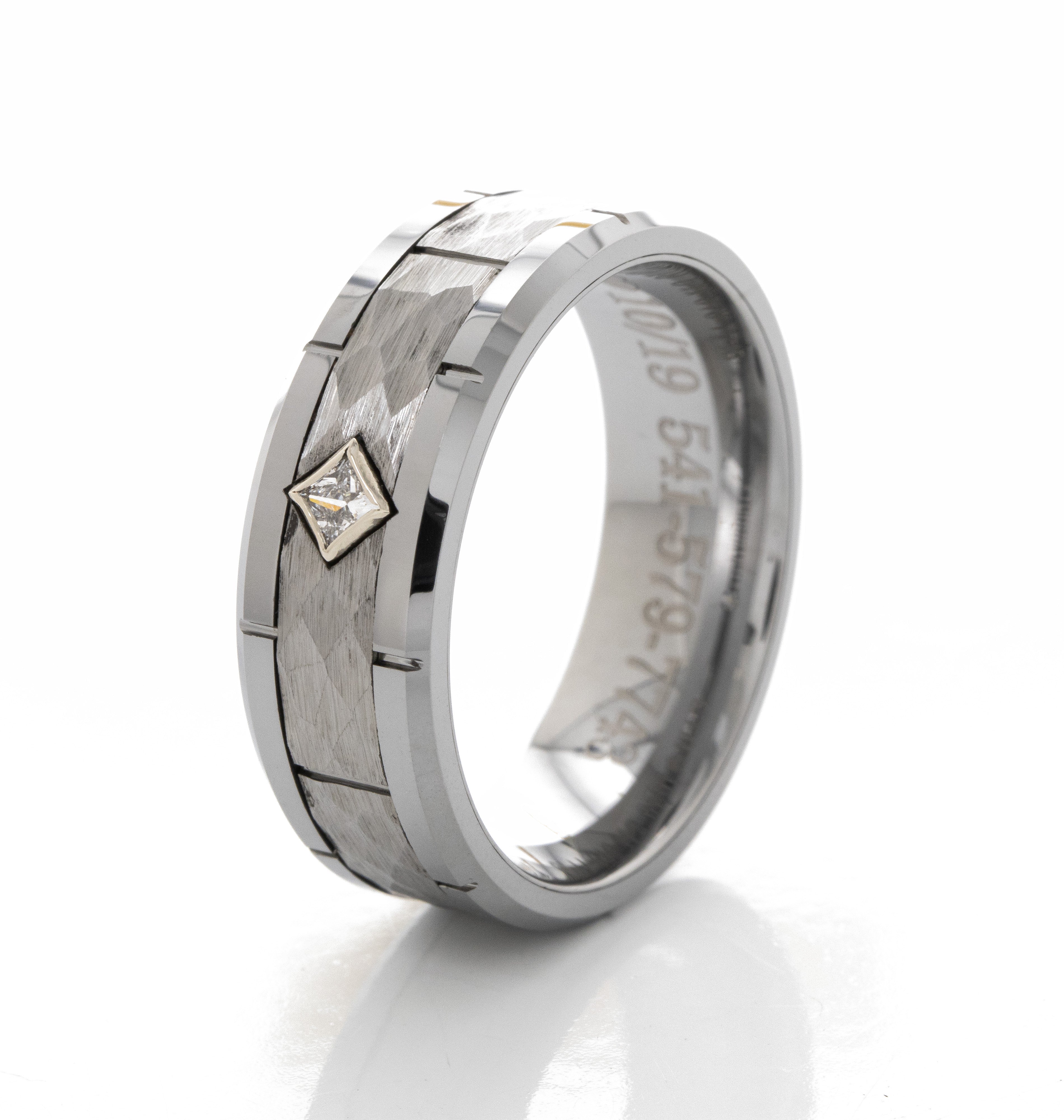 8mm Tungsten Carbide Ring with Notches and Princess Cut Birthstone
