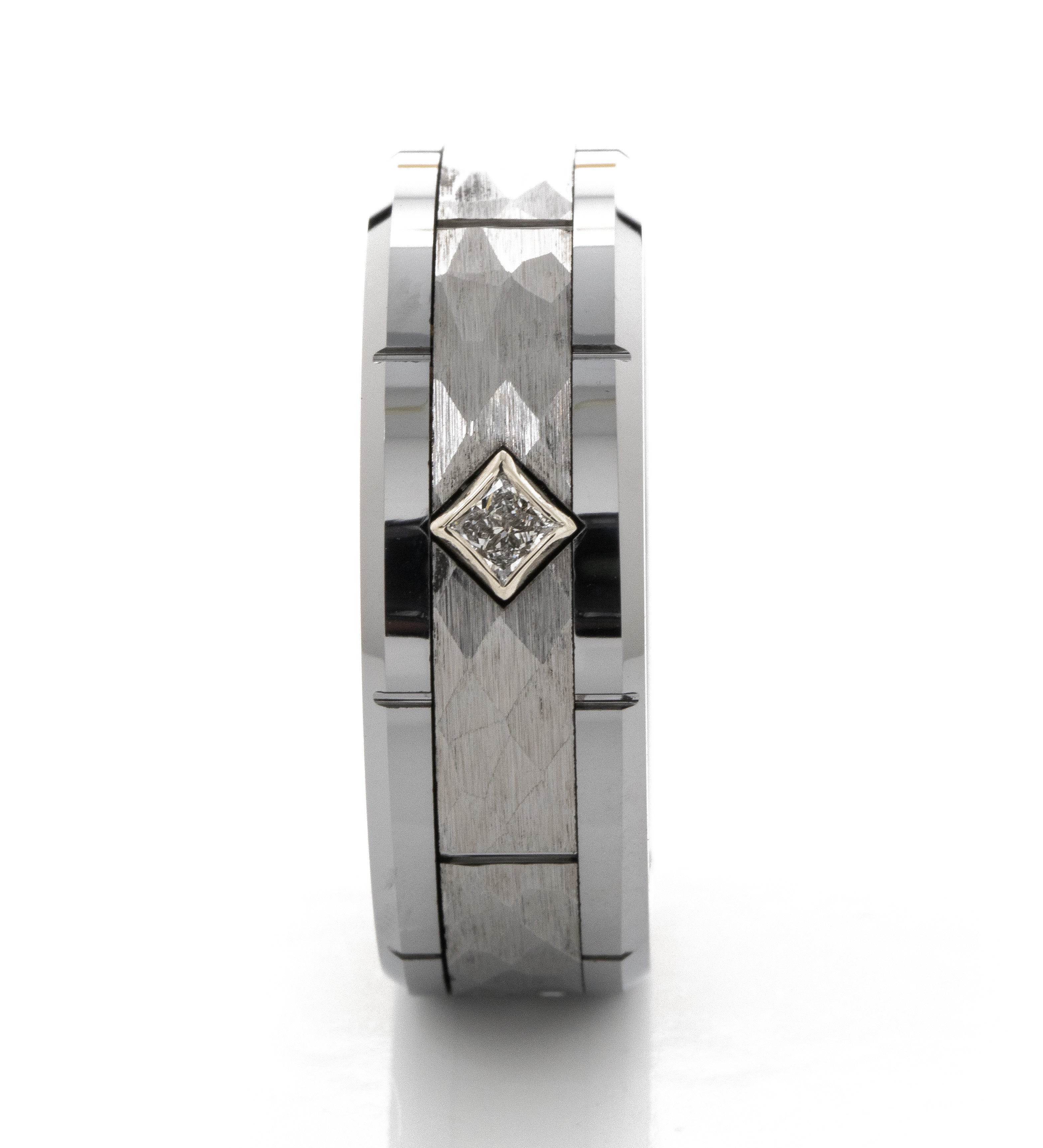 8mm Tungsten Carbide Ring with Notches and Princess Cut Birthstone