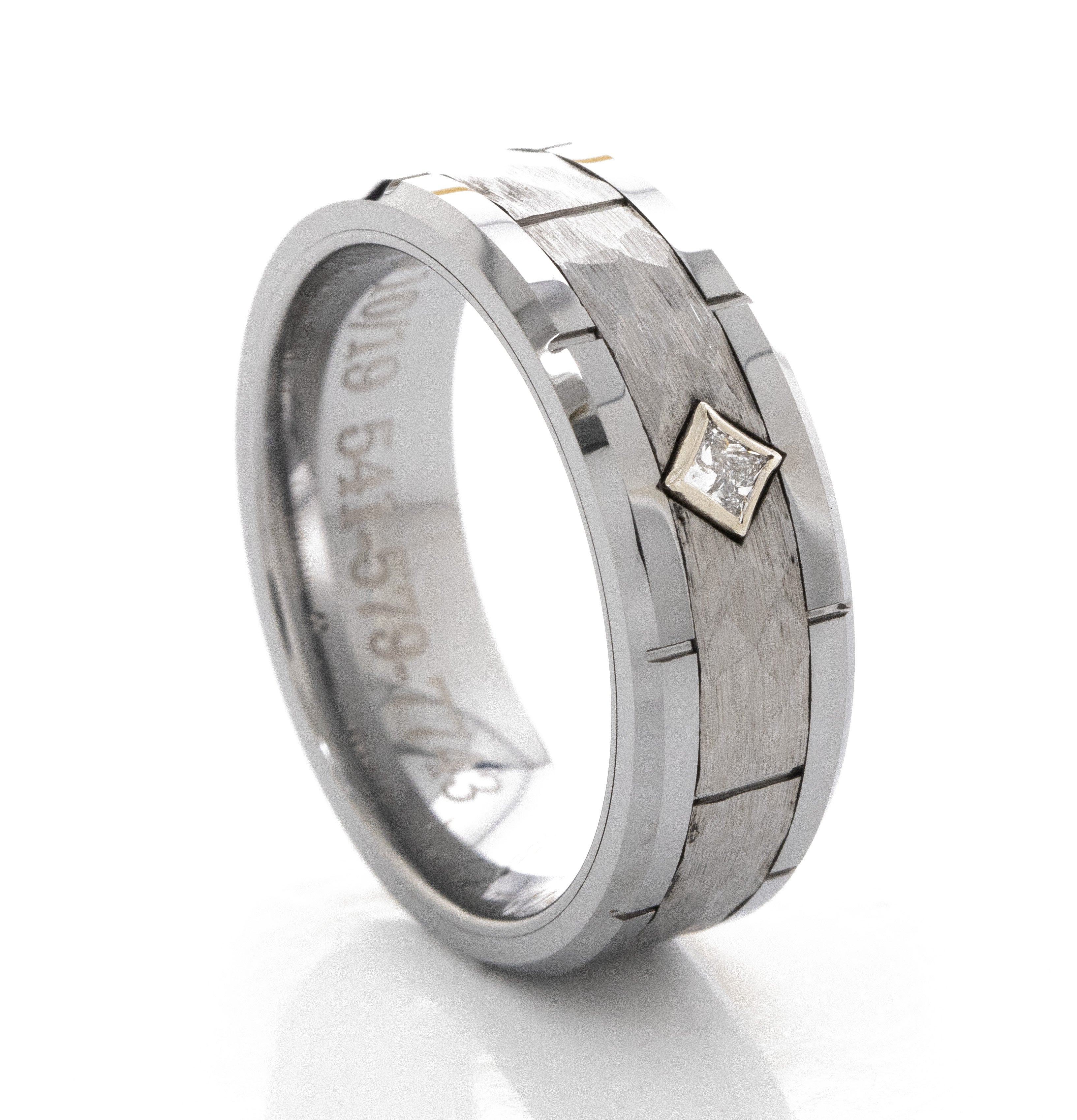 8mm Tungsten Carbide Ring with Notches and Princess Cut Birthstone