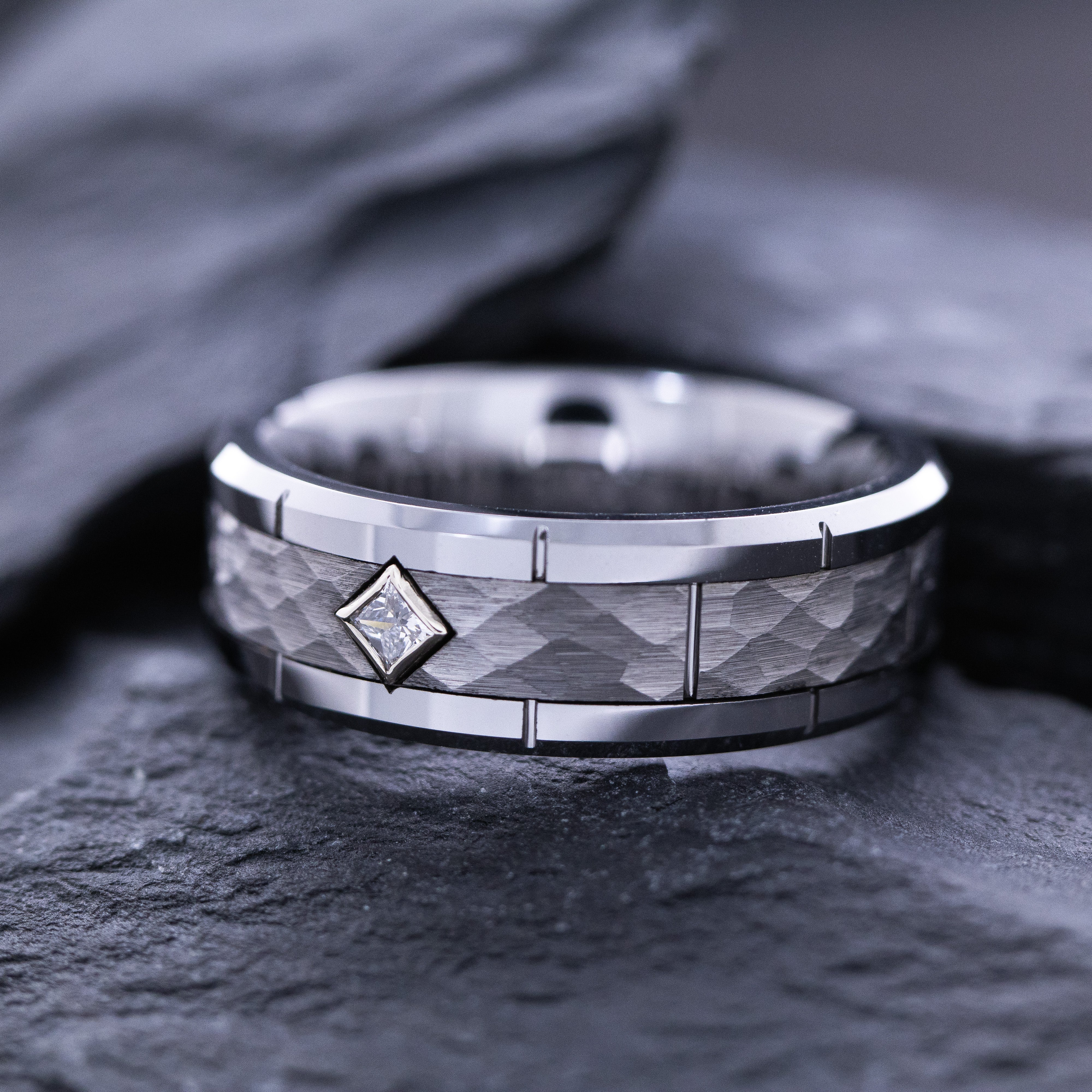 8mm Tungsten Carbide Ring with Notches and Princess Cut Birthstone