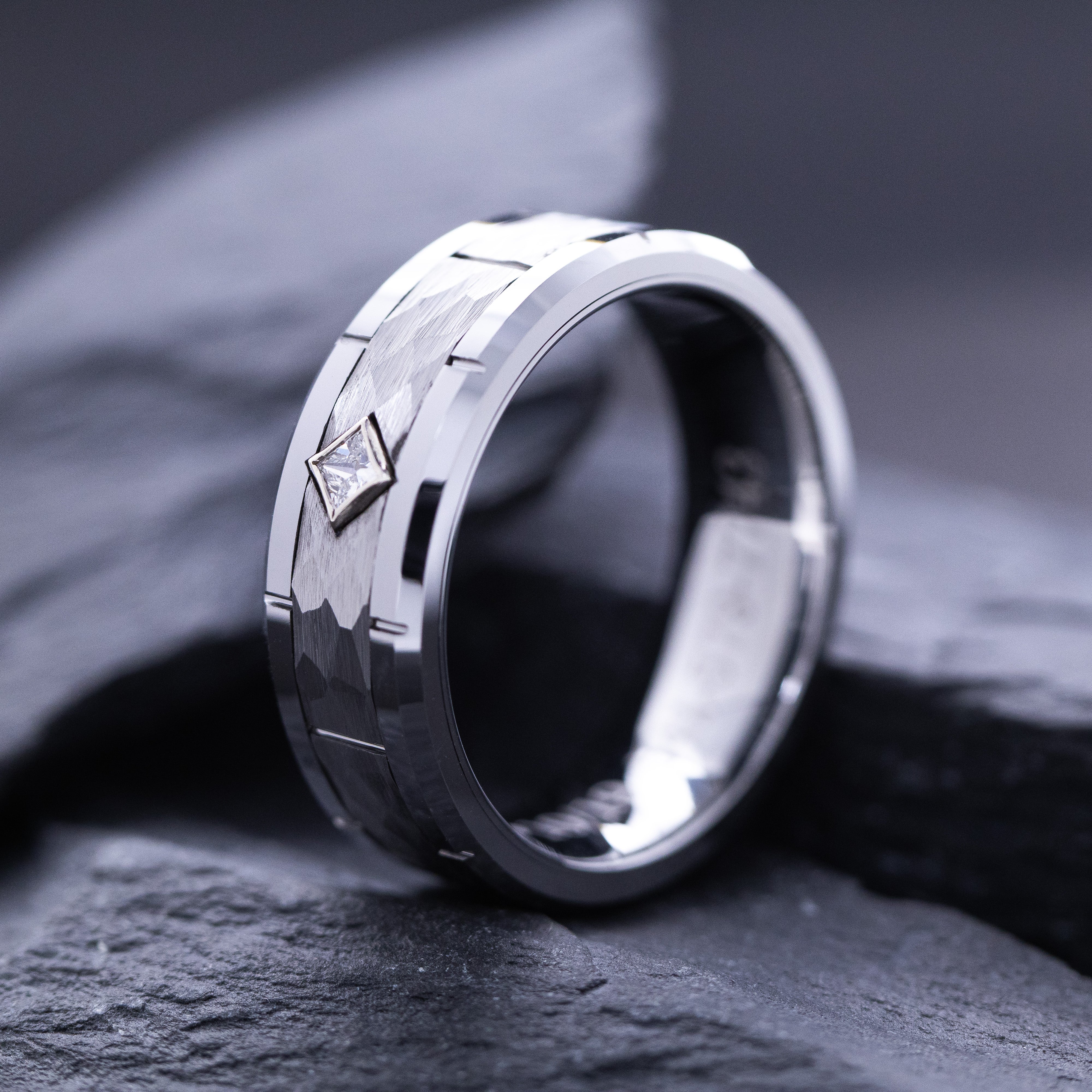 8mm Tungsten Carbide Ring with Notches and Princess Cut Birthstone