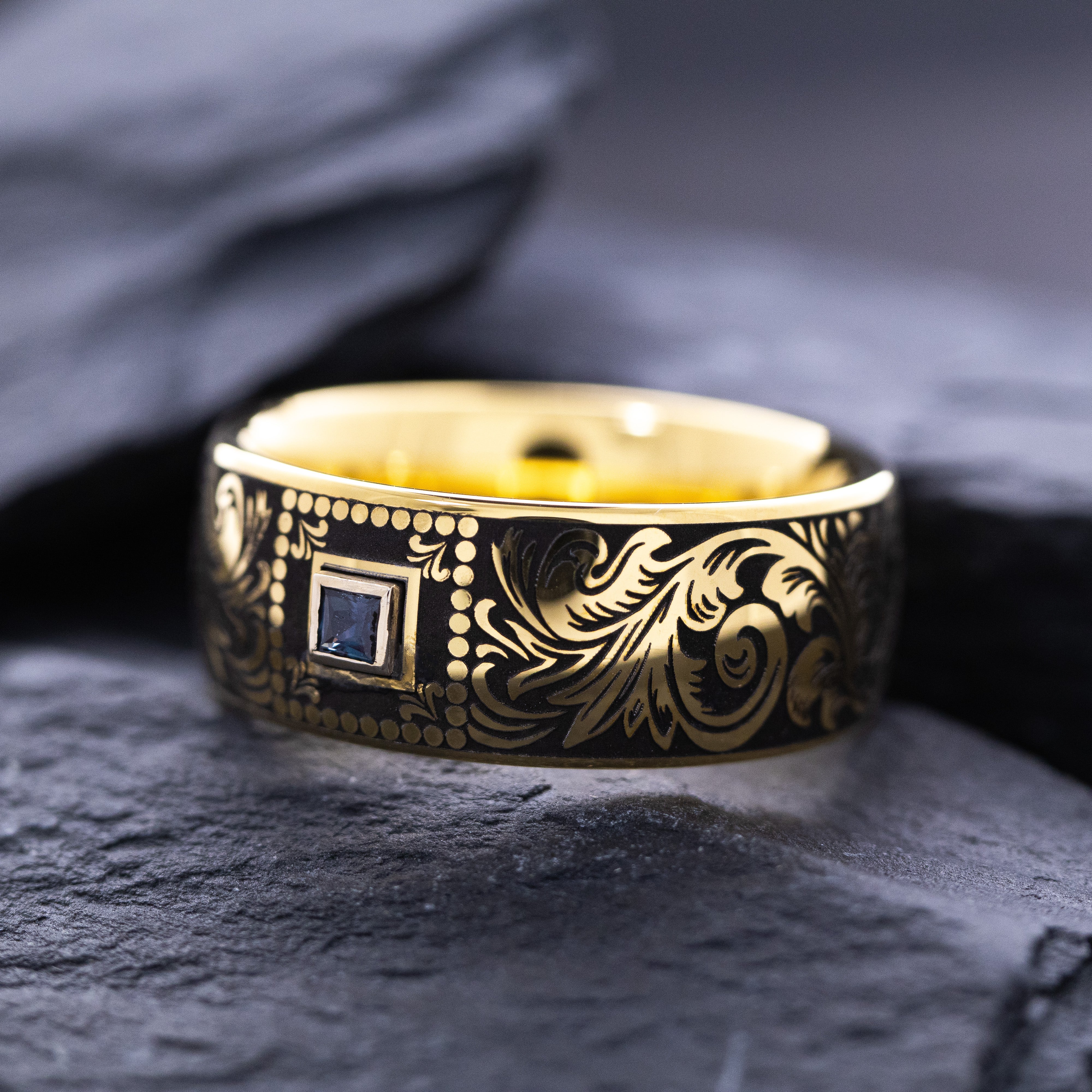 8mm Custom Made Dome Shaped Yellow Gold Plated Tungsten with Victorian Inspired Engravings and Princess Cut Birthstone