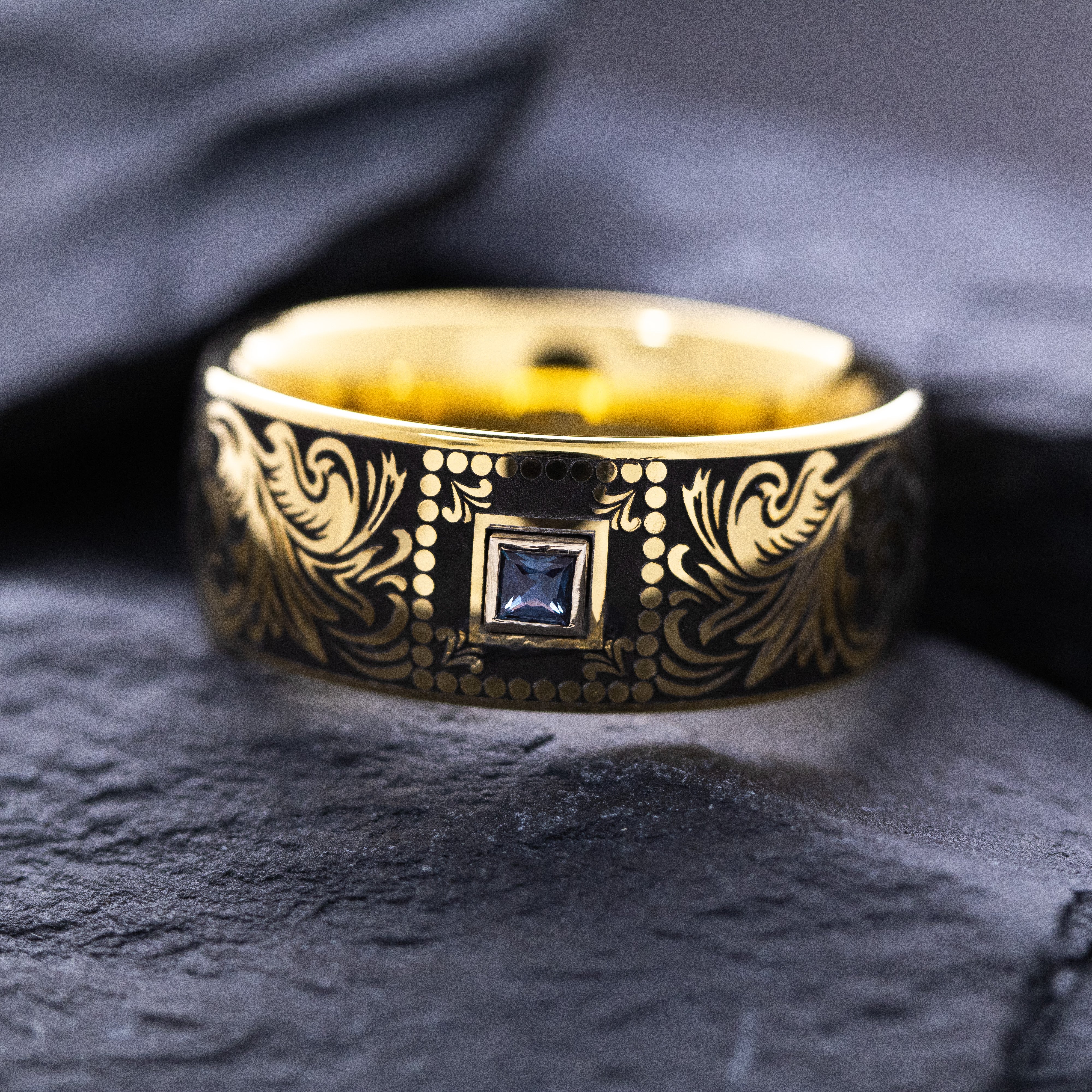 8mm Custom Made Dome Shaped Yellow Gold Plated Tungsten with Victorian Inspired Engravings and Princess Cut Birthstone