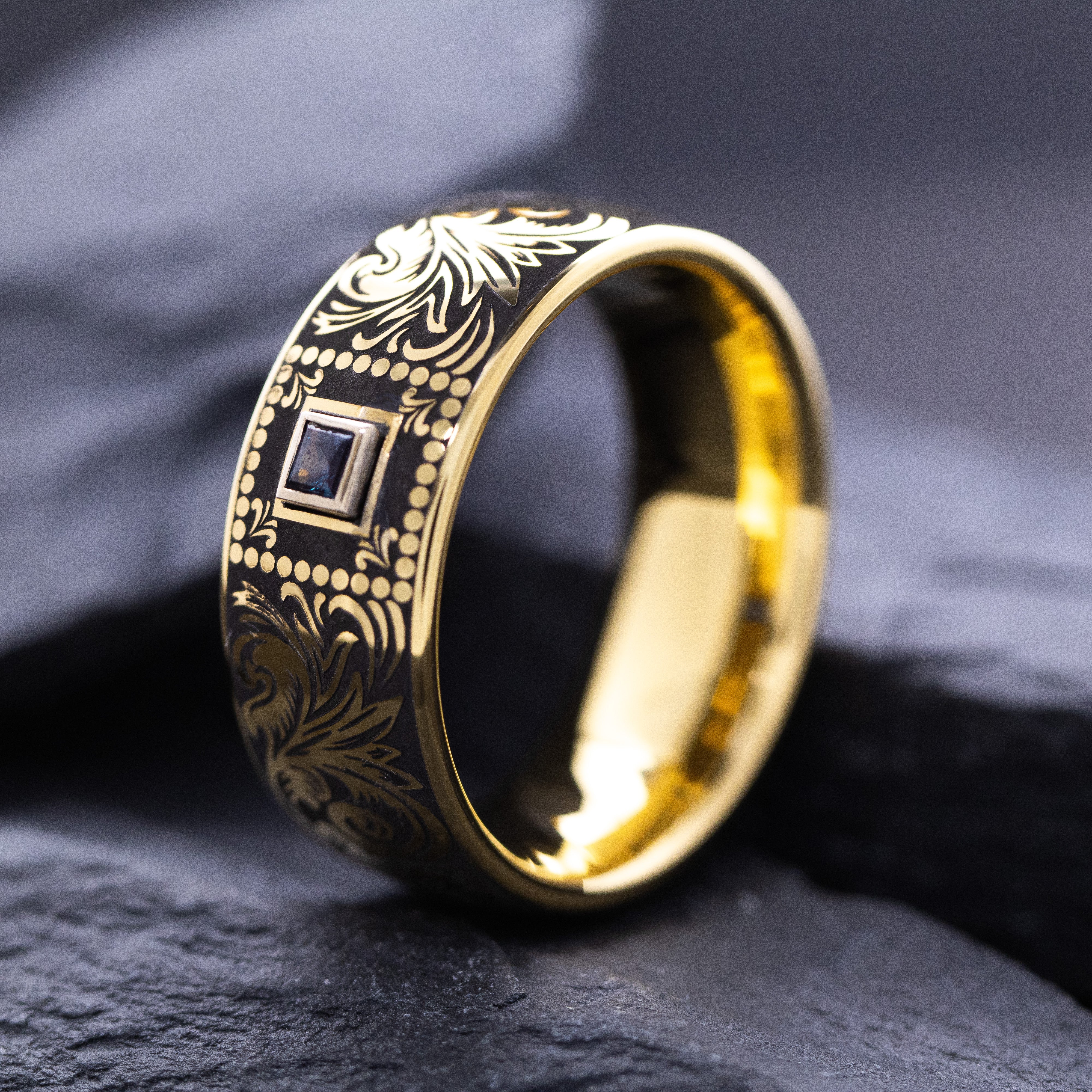 8mm Custom Made Dome Shaped Yellow Gold Plated Tungsten with Victorian Inspired Engravings and Princess Cut Birthstone