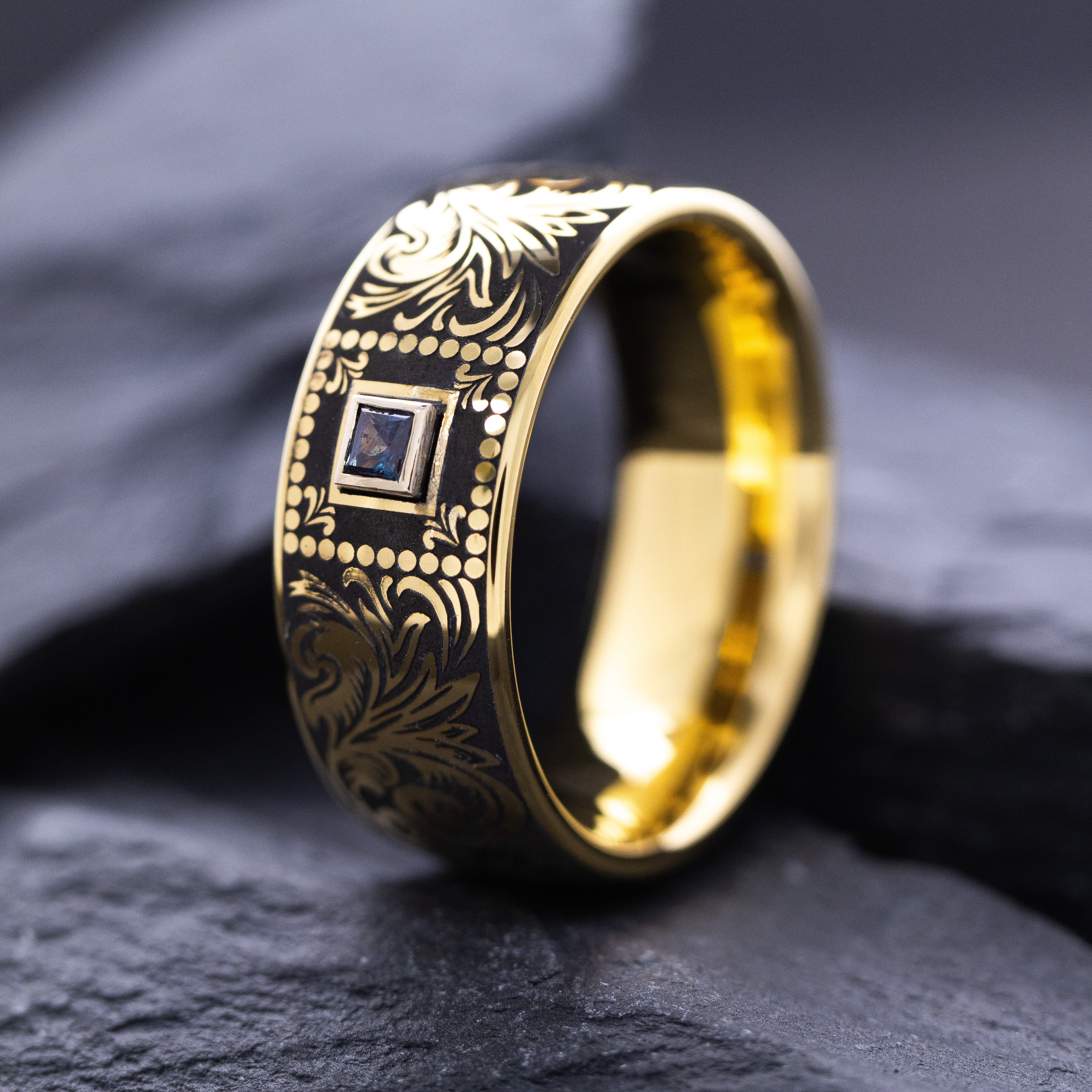 8mm Custom Made Dome Shaped Yellow Gold Plated Tungsten with Victorian Inspired Engravings and Princess Cut Birthstone