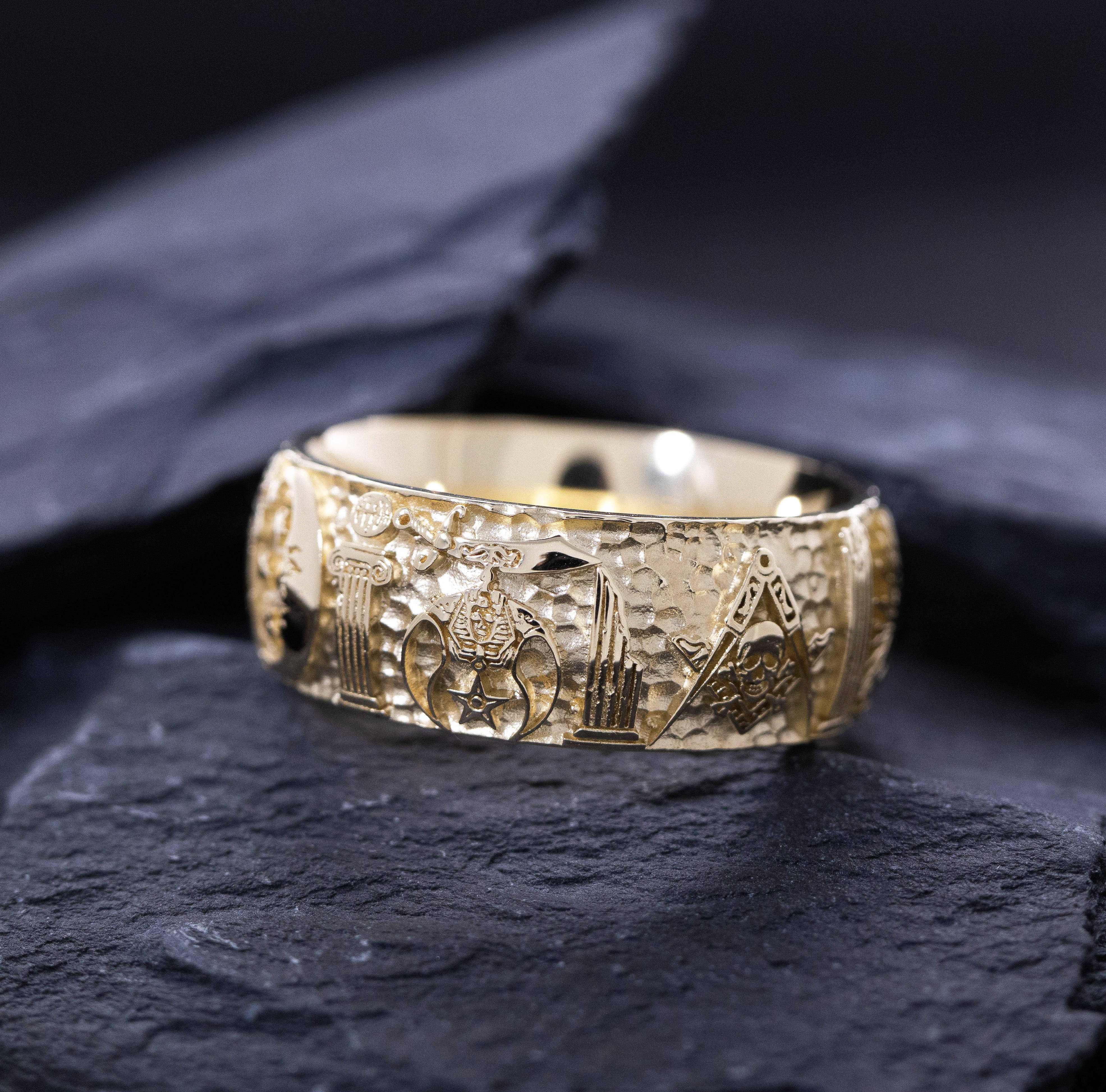 9mm Custom Made, Hammered Texture, Solid Yellow Gold Ring with Masonic Symbols