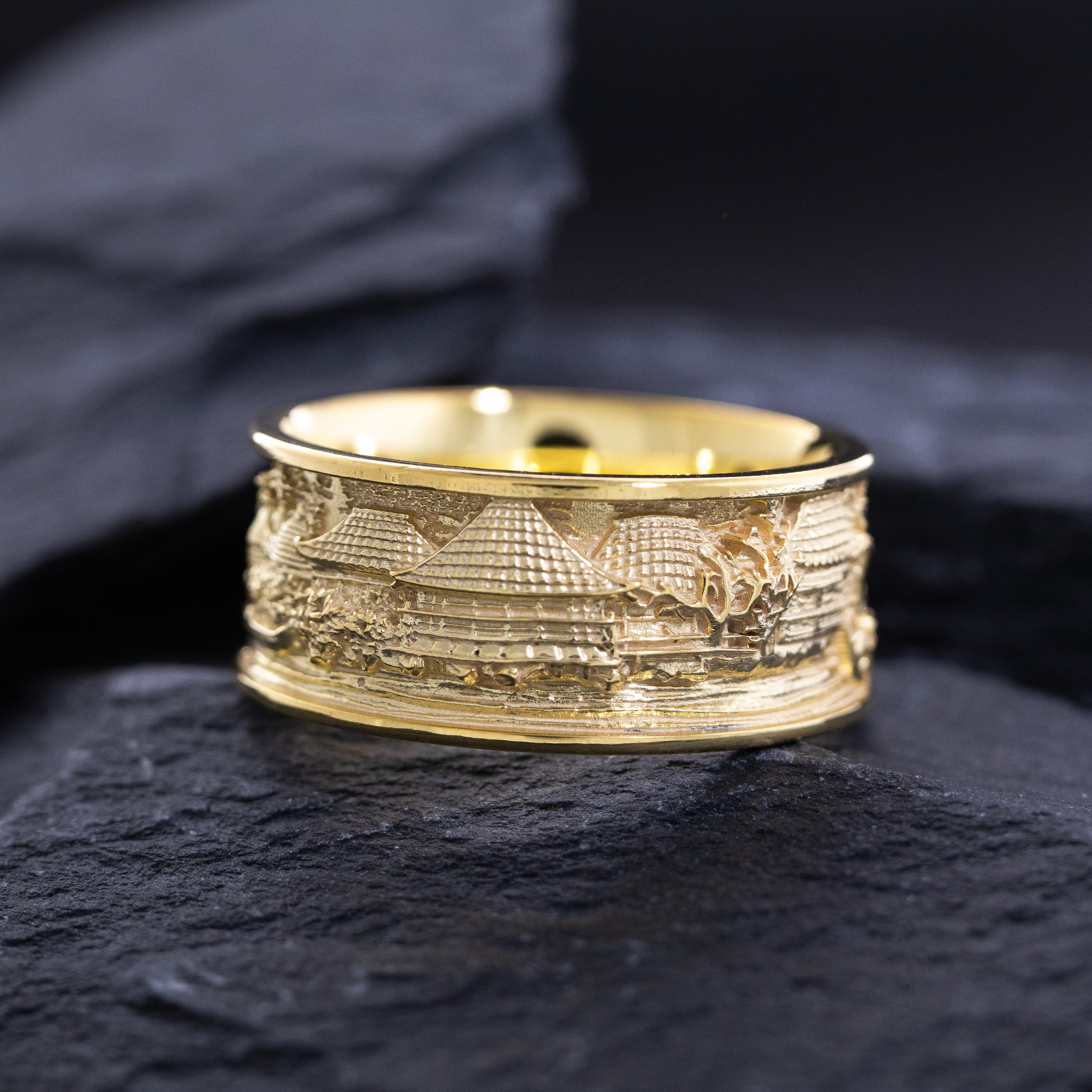 Solid 14k Yellow Gold Ring Inspired by Japanese Woodblock Artwork