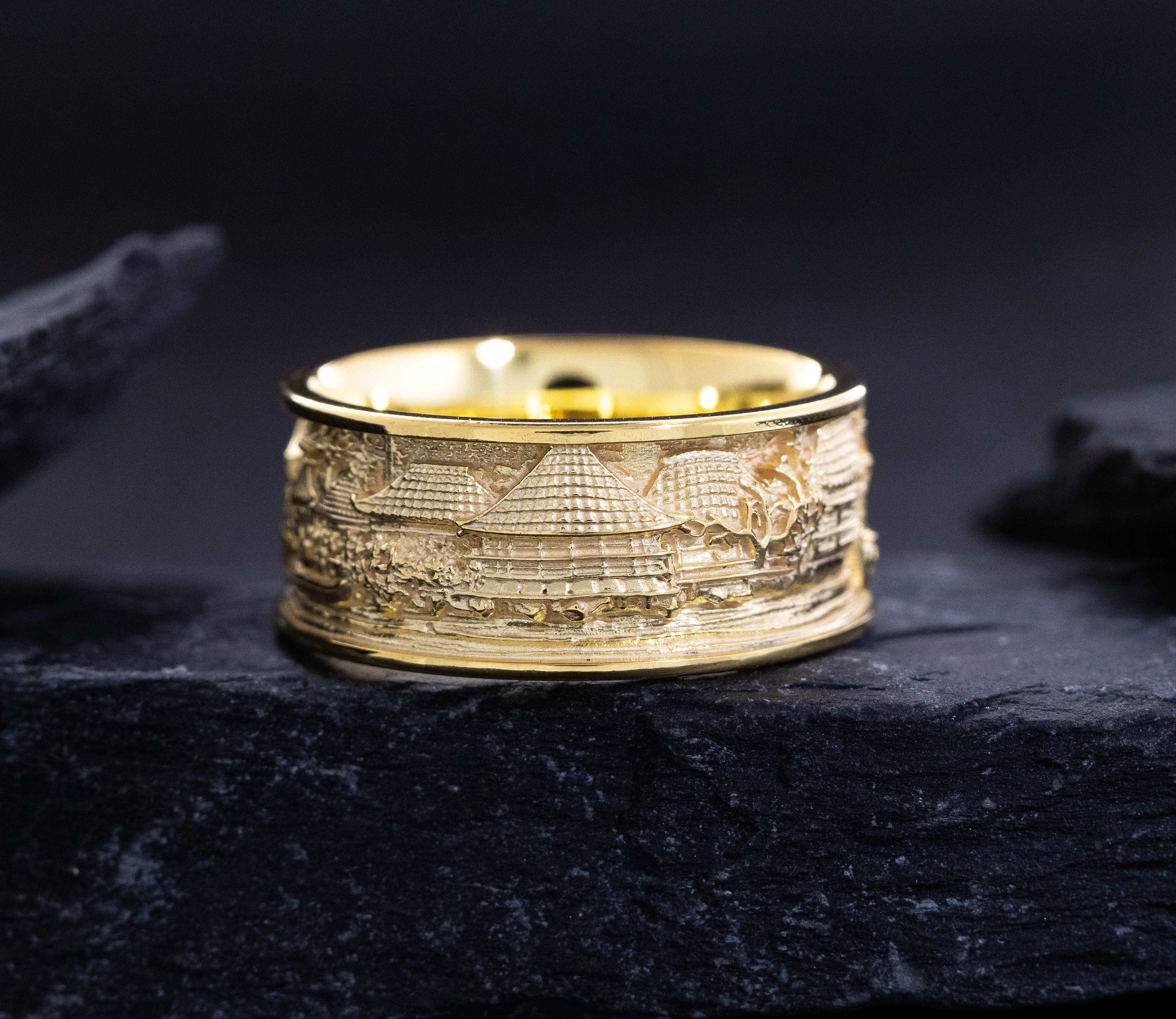 Solid 14k Yellow Gold Ring Inspired by Japanese Woodblock Artwork