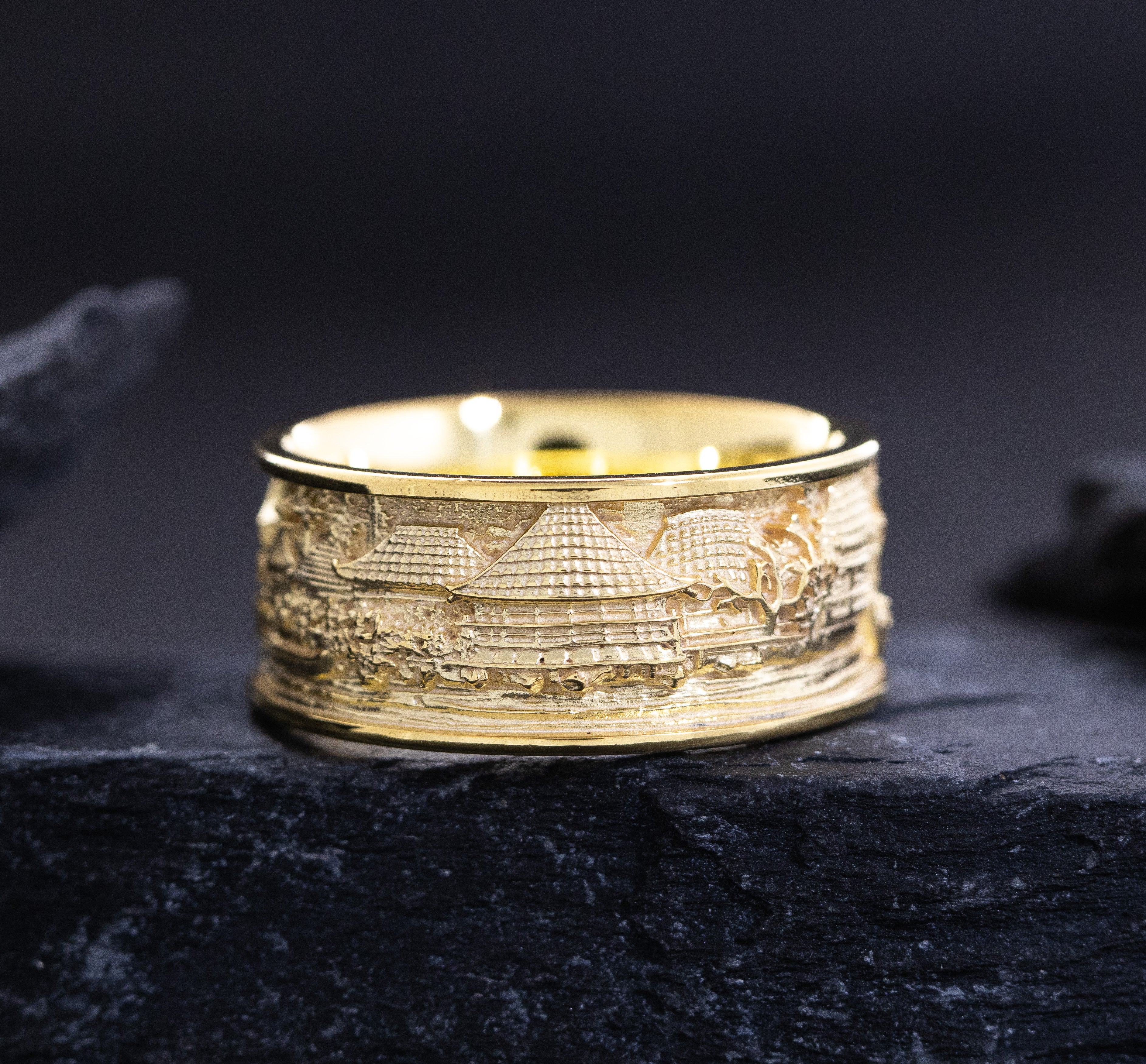 Solid 14k Yellow Gold Ring Inspired by Japanese Woodblock Artwork