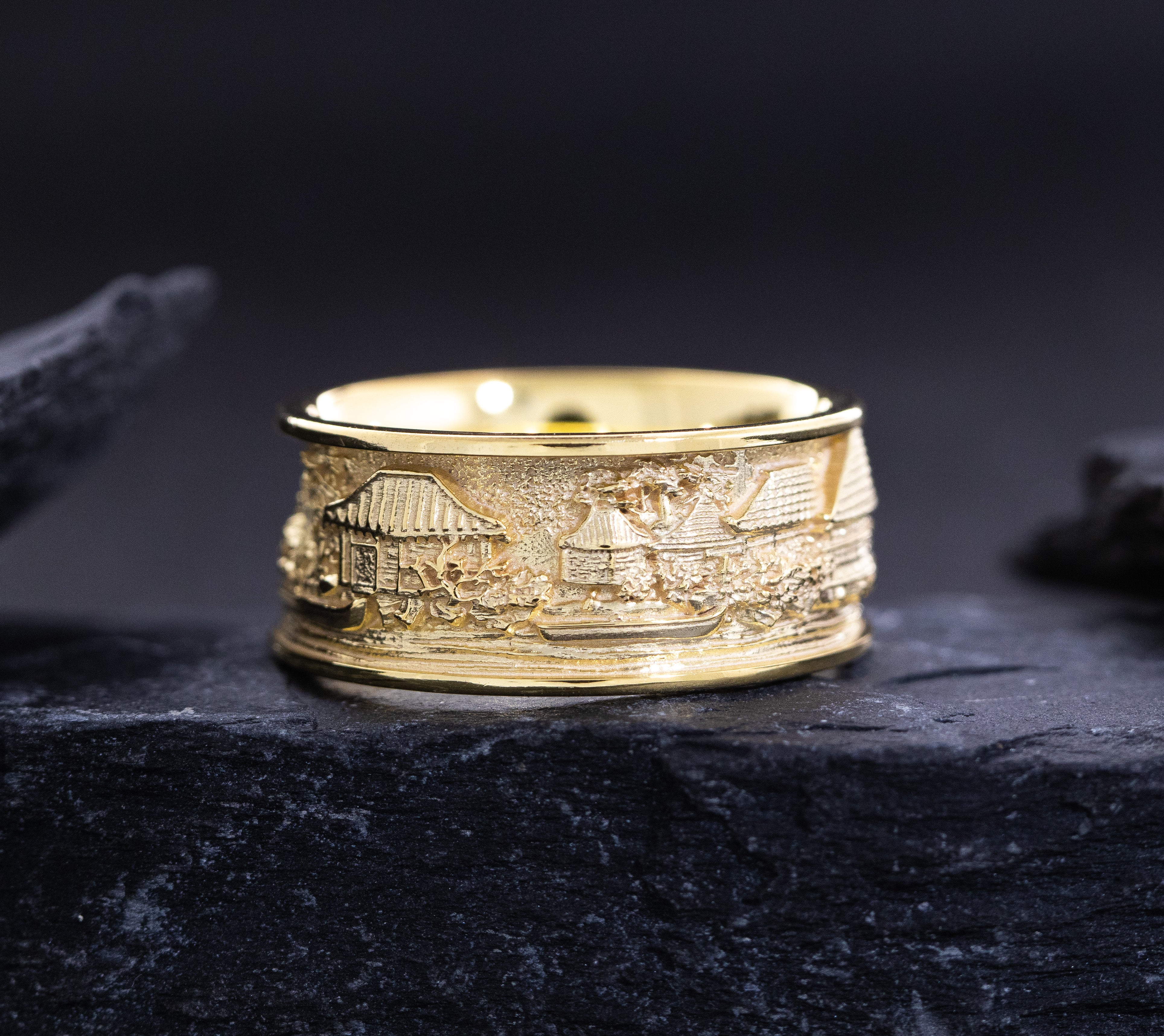 Solid 14k Yellow Gold Ring Inspired by Japanese Woodblock Artwork