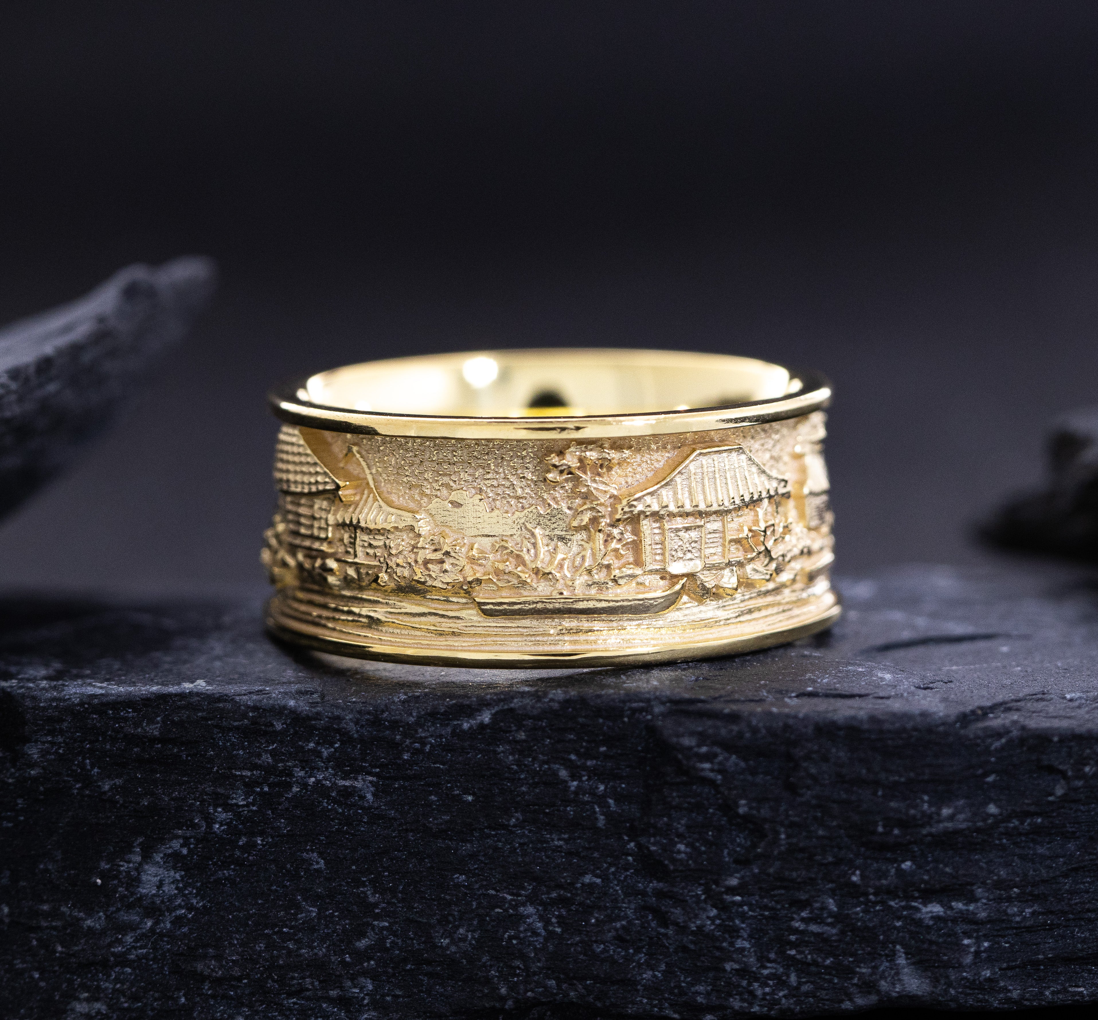Solid 14k Yellow Gold Ring Inspired by Japanese Woodblock Artwork