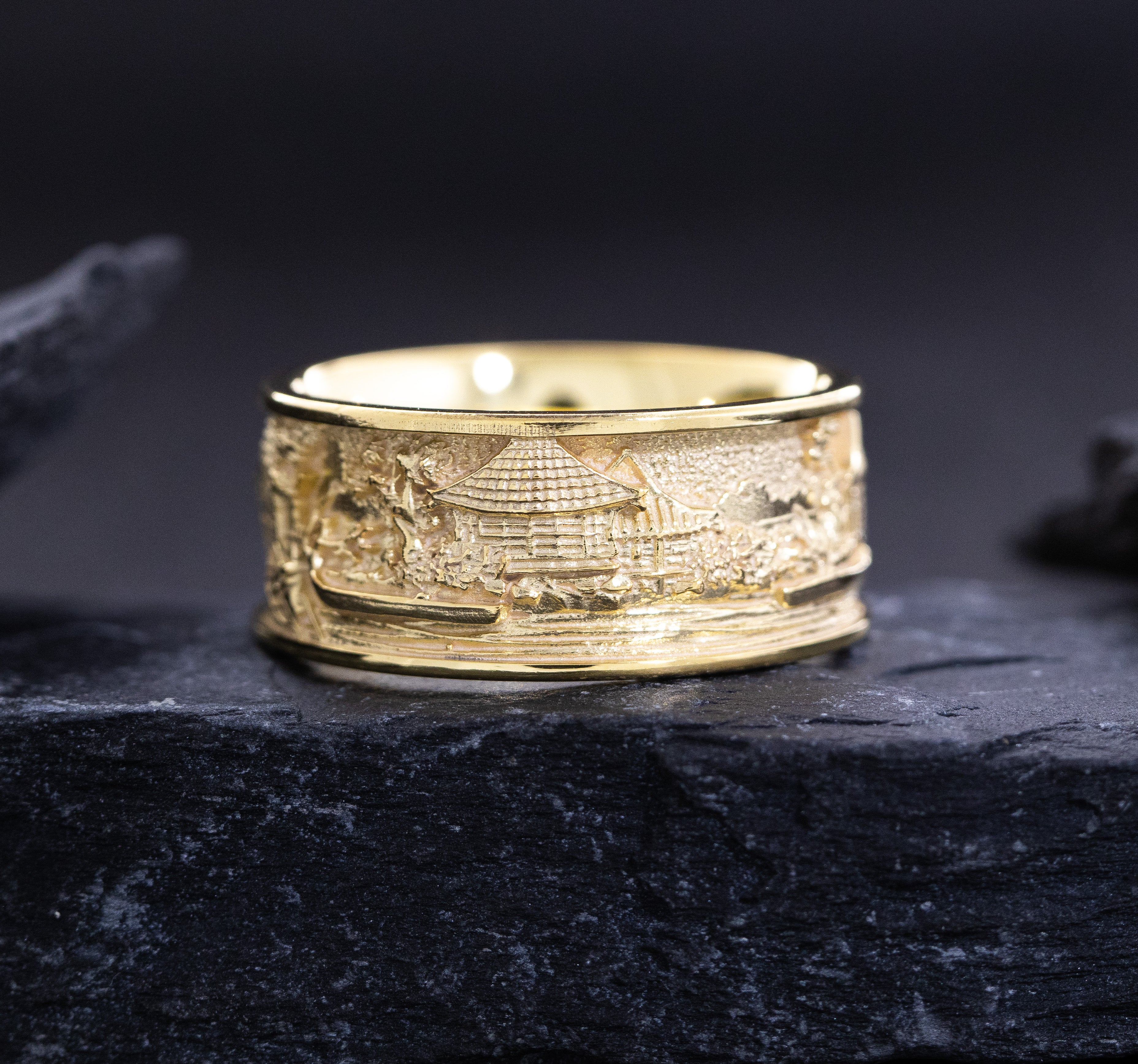 Solid 14k Yellow Gold Ring Inspired by Japanese Woodblock Artwork