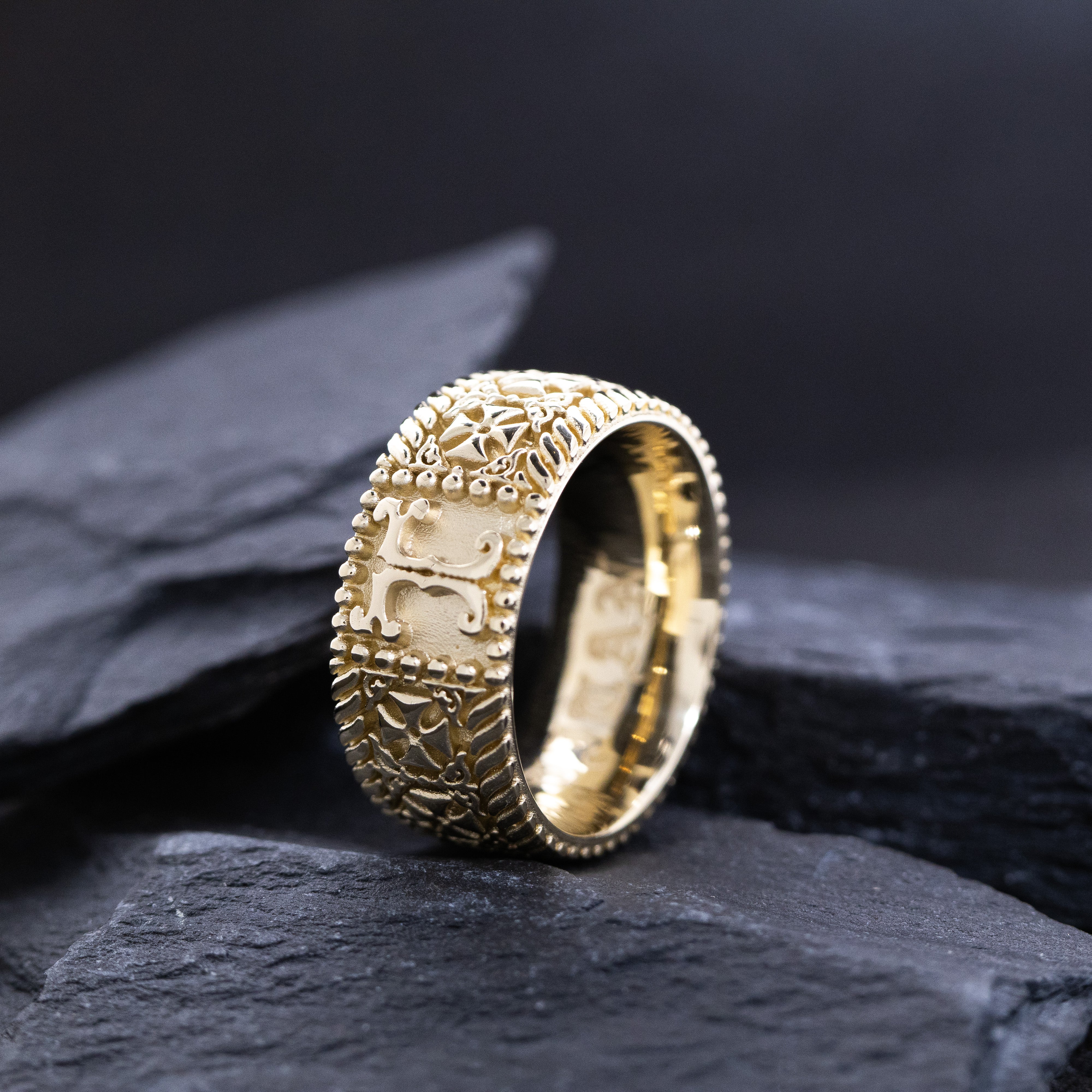 9mm Custom Made, Flat Shaped, Solid Yellow Gold  Ring with Celtic Crosses and Personalized Monogram